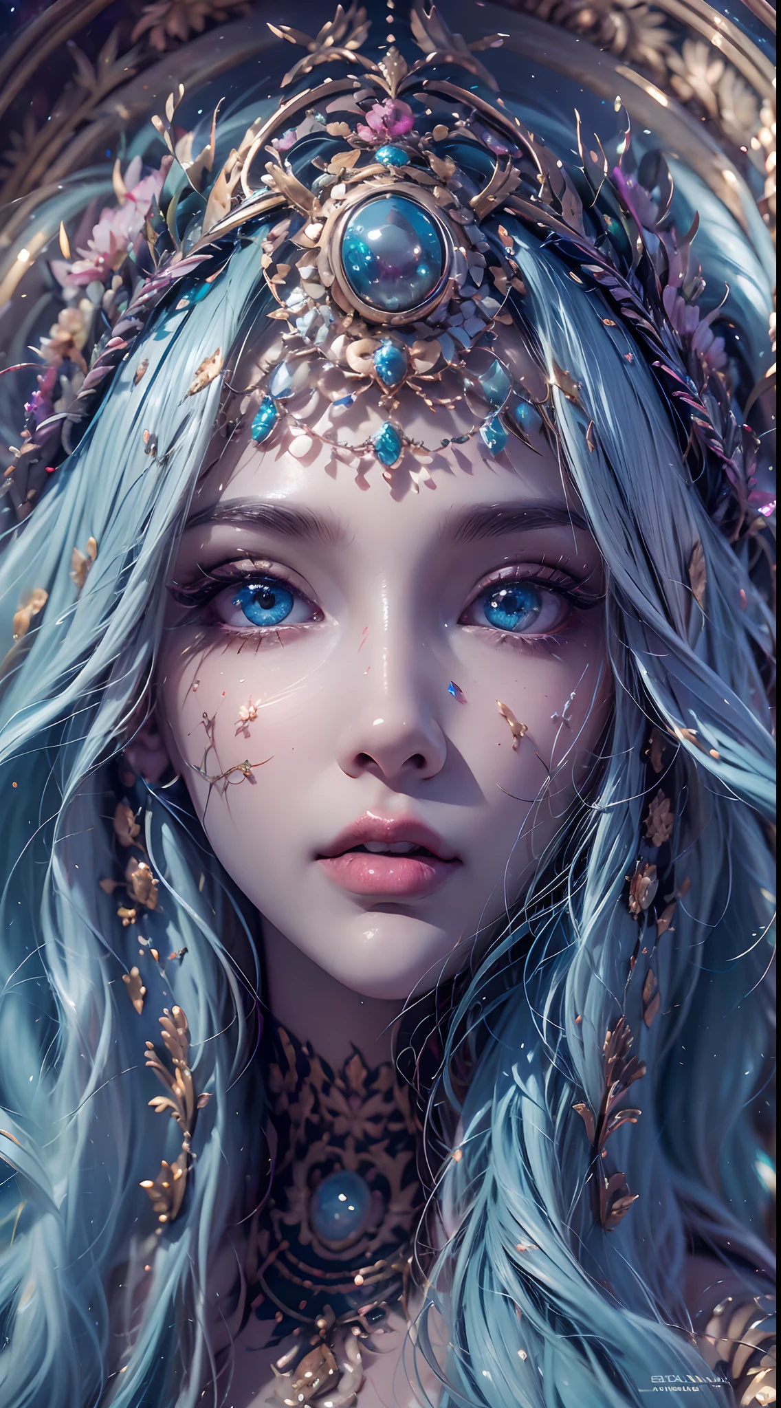 (best qualtiy,ultra - detailed,Most Best Illustration,Best shadow,tmasterpiece,A high resolution,professionalartwork,famousartwork),Sky blue picture style,Detailed eyes,beautidful eyes,closeup cleavage,sci-fy,colored sclera,Robot eyes,face markings,Tattooed with,(fractalized,Fractal eyes),largeeyes,Wide eyes,(Eye focus),sface focus,Cosmic eyes,Space eyes,Close-up of metal sculpture of a woman with a moon in her hair,goddes。extremly high detail,3 d goddess portrait,Extremely detailed footage of the goddess,a stunning portrait of a goddess,Full body close-up portrait of the goddess,hecate goddess,portrait of a norse moon goddess,goddess of space and time,PureErosFace_V1,Urzang-6500-V1 Edition.1,