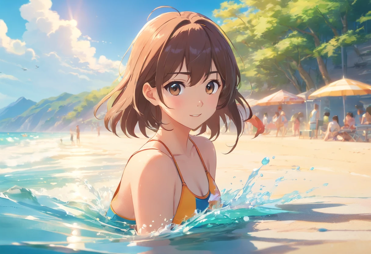 (best quality, realistic), 1 girl, Takagi-san, teasing master takagi-san, wearing swimming suit, cute, watery eyes, beach, summer vibes, sand, sunshine, vibrant colors, playful atmosphere, water splashes