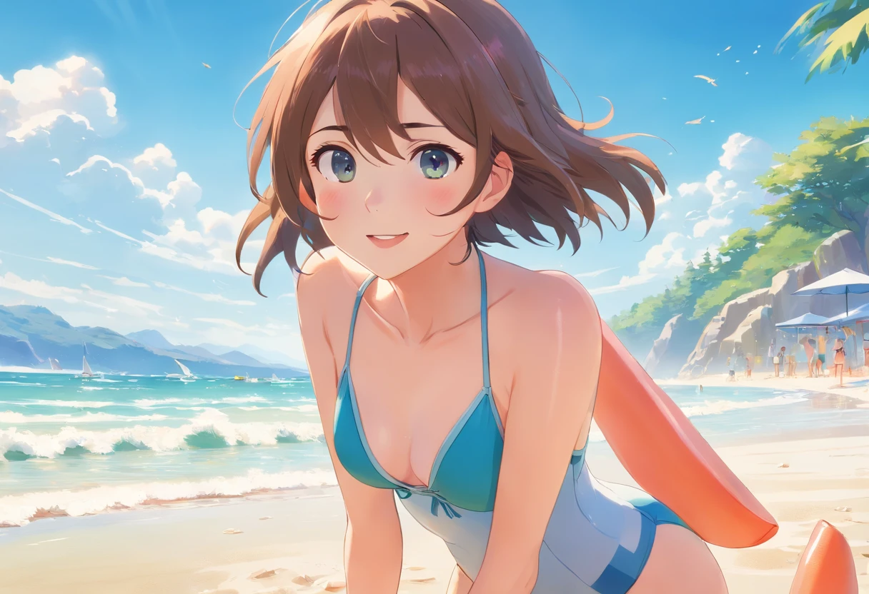 (best quality, realistic), 1 girl, Takagi-san, teasing master takagi-san, wearing swimming suit, cute, watery eyes, beach, summer vibes, sand, sunshine, vibrant colors, playful atmosphere, water splashes
