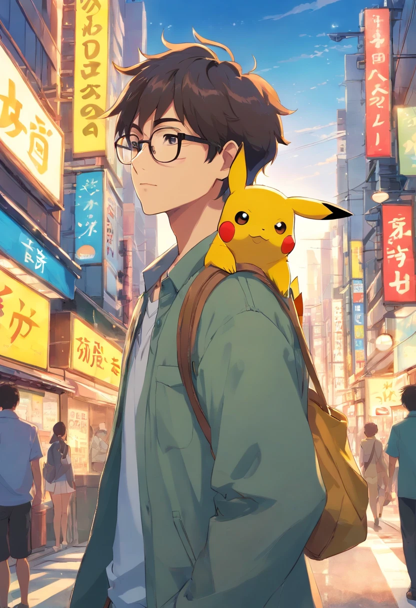 Homem de cor morena, of glasses and beard, with pikachu on his shoulder in the middle of Tokyo