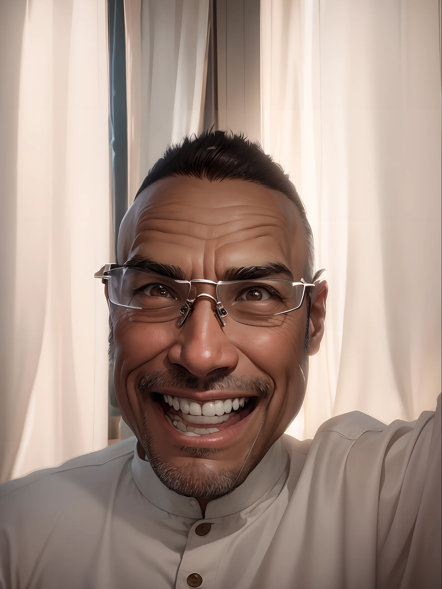 An uncle,Tooth grinned,Wearing glasses,Wear white clothes