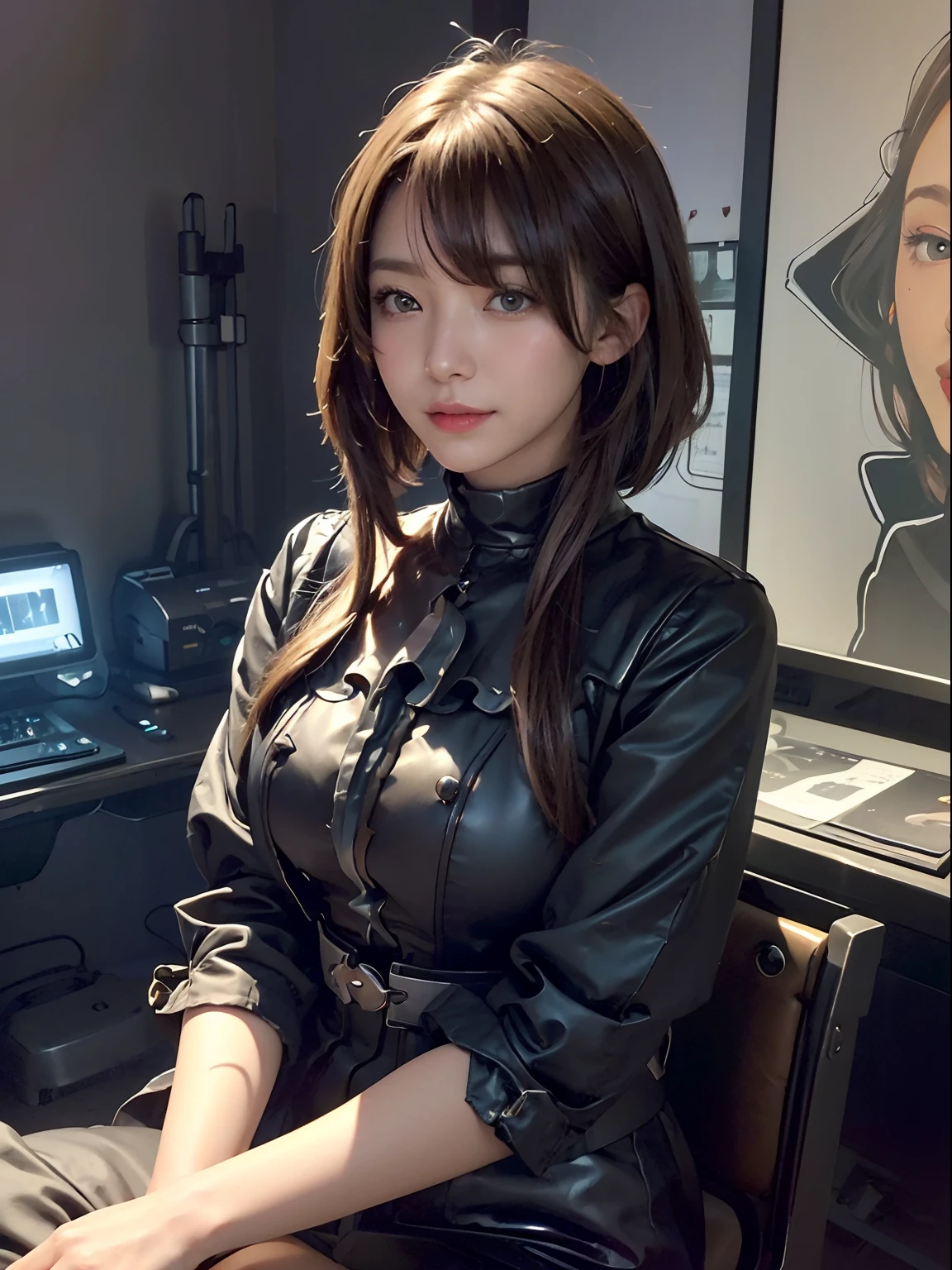 (Front Focus)、(in the darkness nigth:1.6)、Portrait of a female hyperrealist by David Hockney and Alphonse Mucha、Fantasyart、Photorealsitic、动态照明、art  stations、poster for、Volumetric lighting、extra detailed face、4 k、Award-winning、1girl、in the darkness nigth、deep-shadows、lowkey、cowboy  shot、(Formula service:1.4)、Medium bob hair、Brown hair、a smile、super-detaild skin、