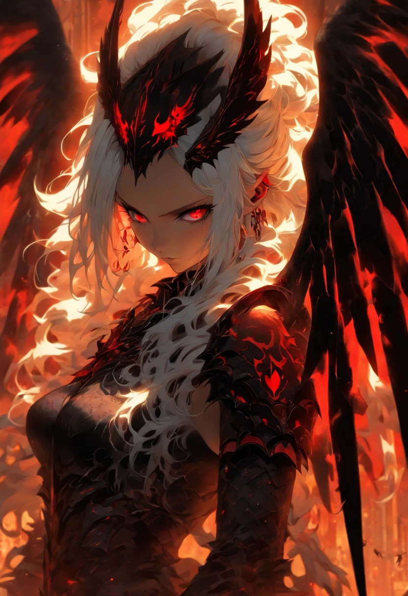 The most beautiful and sexy demon goddess, long white hair, glowing red eyes, wearing detailed black gothic battle armor, black angel wings, tattoos and piercings, gothic castle, perfect masterpiece, high quality, high resolution