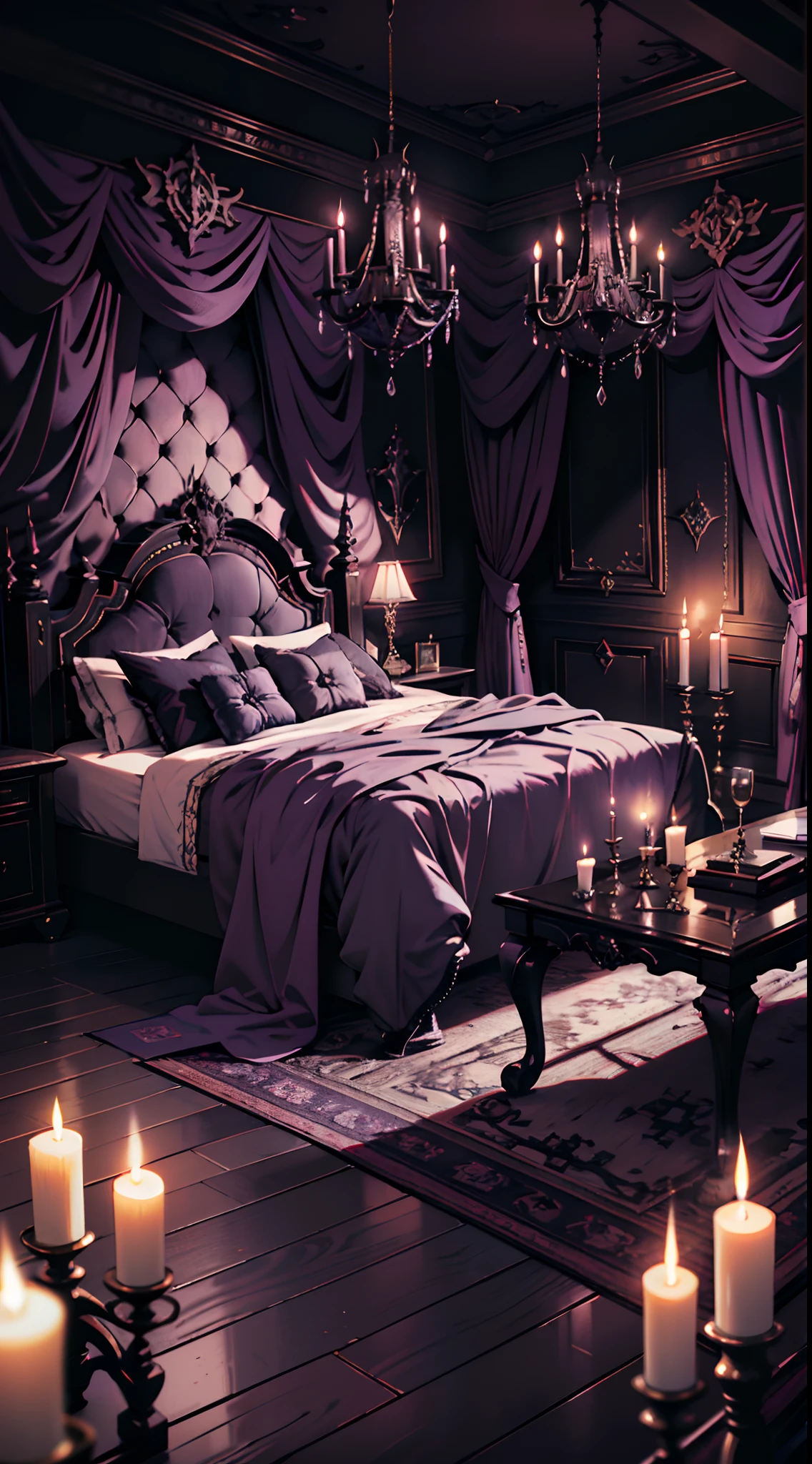 Photography, Bedroom, Gothic room, Gothic, Dim light, Gargoyles, Dark curtains, waxy candles, Satan painting, decorations, wooden floor, Purple light, dawn,no human