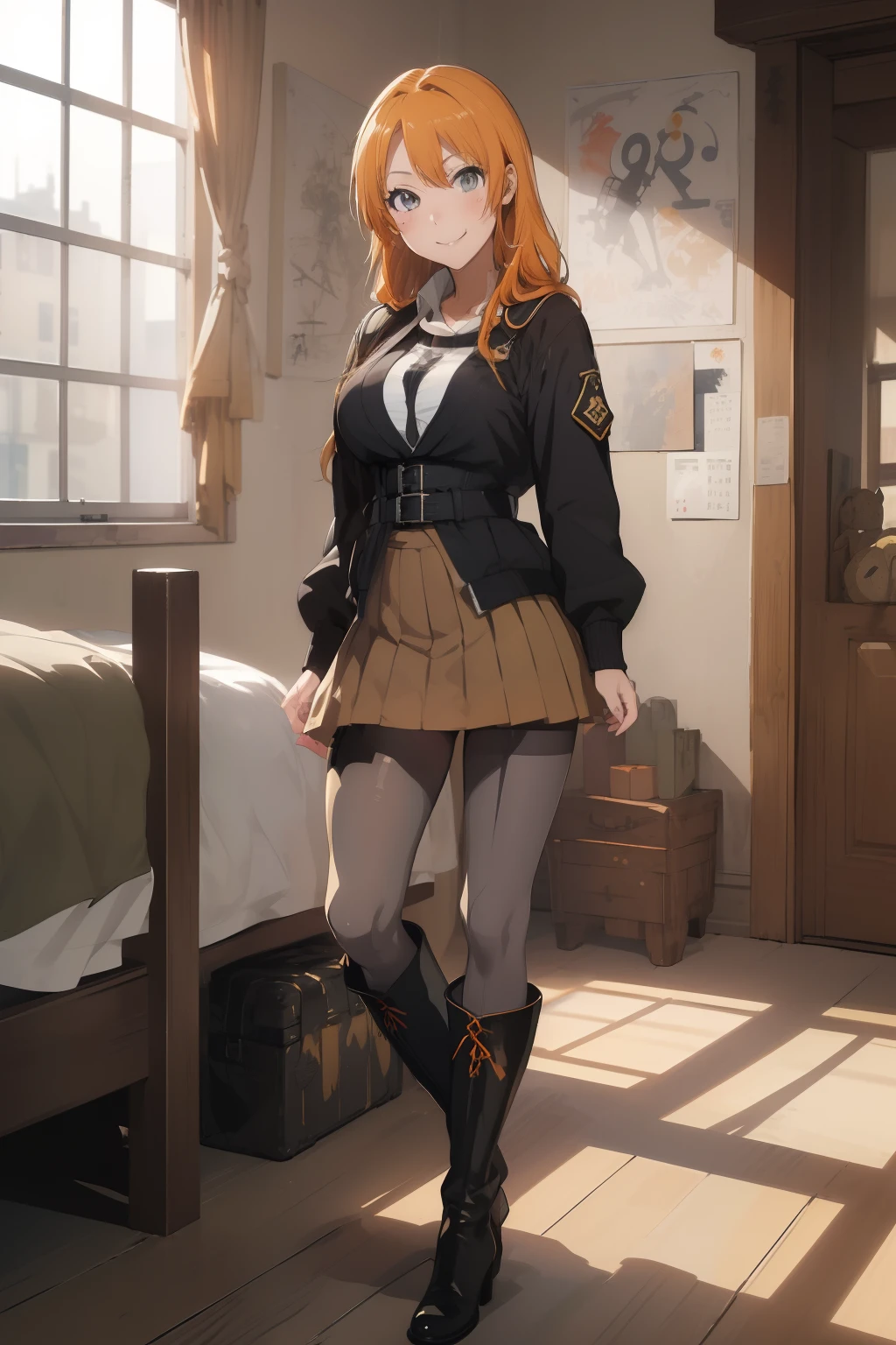 (​masterpiece、top-quality、top-quality、Beautifully Aesthetic:1.2)、ighly detailed、highestdetailed、grey  eyes、orange color hair|Semi-long blonde hair、((Military))、(pantyhose)、(Mini skirt)、Matsumoto Rangiku、(long boots)、graffiti art、Look at the viewer、A smile、Bedroom、on the beds