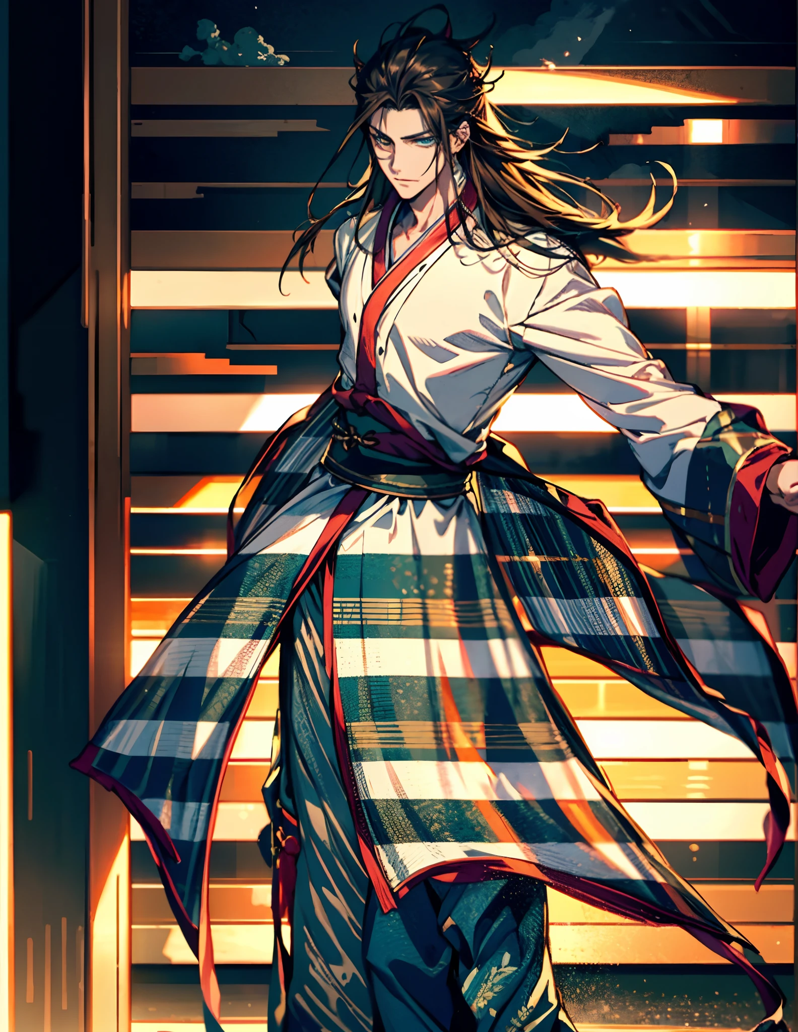 A man with disheveled long hair, a cascade of unruly locks, a handsome countenance, a carefree expression, tall and slender, wears a light-colored Chinese-style undershirt, over which he layers a loose dark-colored long daoist robe, long and wide sleeves, wears dark pants, surrounded by colorful clouds and mist, stands amidst a colorful sea of clouds and mist, this character embodies a finely crafted fantasy-style Chinese martial artist character in anime style, characterized by an exquisite and mature manga illustration art style, high definition, best quality, highres, ultra-detailed, ultra-fine painting, extremely delicate, professional, anatomically correct, symmetrical face, extremely detailed eyes and face, high quality eyes, creativity, RAW photo, UHD, 8k, Natural light, cinematic lighting, masterpiece:1.5