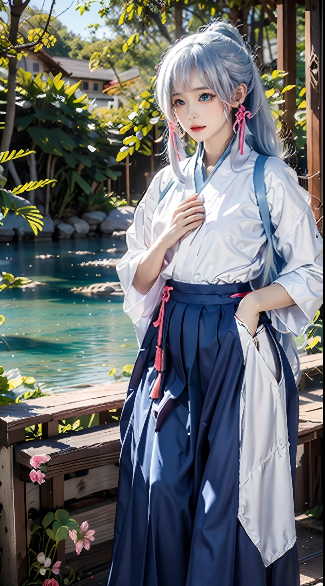 photorealistic, high resolution, soft lights, 1women, solo, hips up, blue eyes, white long hair, ponytail, pink hair ribbon, bangs, white shirt, blue long hakama skirt, geta, outdoors, park, lake, lawn, mountains, flowers, sunshine