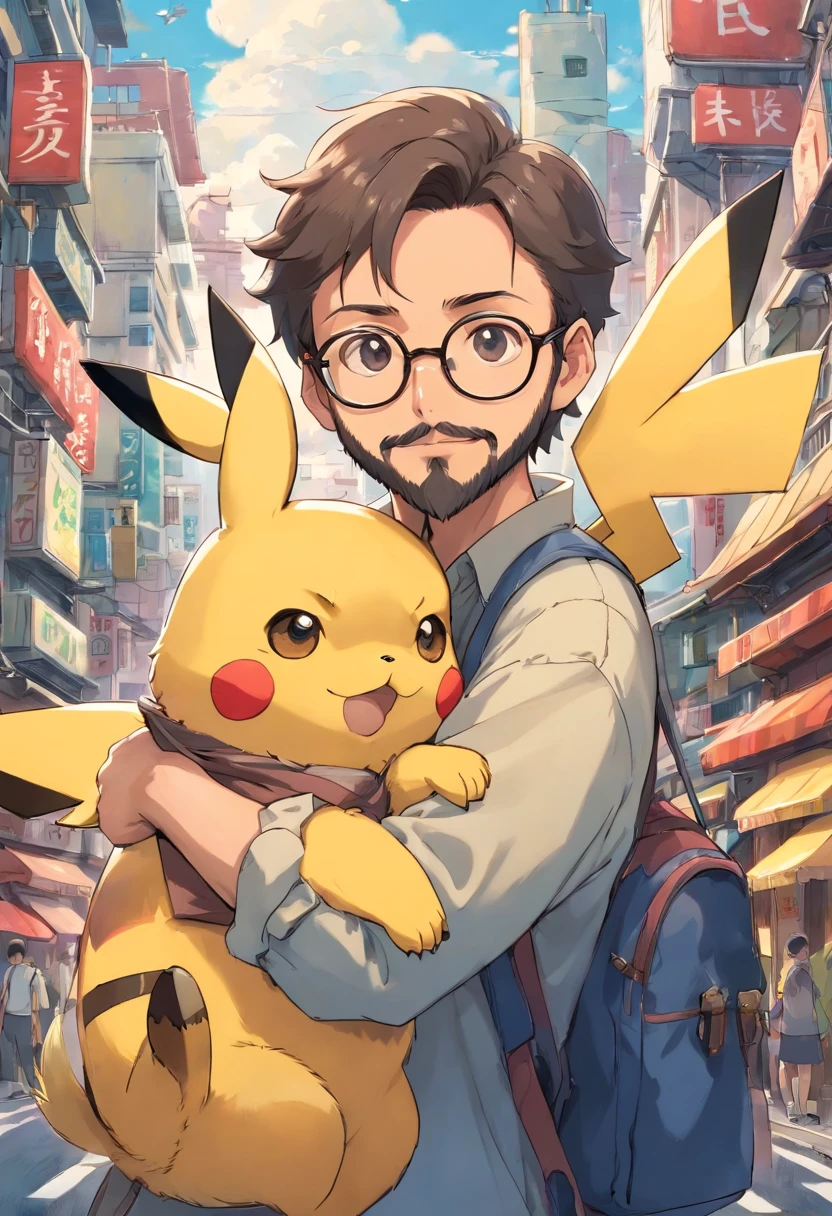 Homem de cor morena, of glasses and beard, with pikachu on his shoulder in the middle of Tokyo