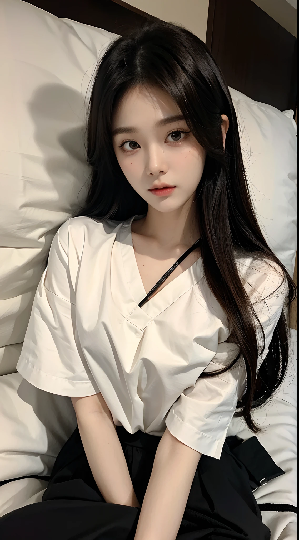 masterpiece、top-quality)、1 beutiful girl、Slim body、((Black and white plain clothes:1.1))、(Detailed beautiful eyes)、Shot in a dark bedroom、((Boyish Brown Medium Hair))、((Smaller face))、((Neutral face))、((Light brown eyes))、((Korean Girl))、((18year old))、((cool lady))、((Embarrassed expression))、((Korean Makeup))、((elongated and sharp eyes))、((Happy House Date))、((boyish))、((The lights are dim))、((Sleeping on a futon))、((Photograph her from above))