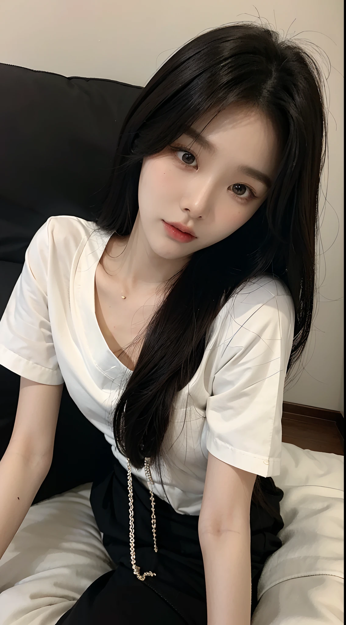 ​masterpiece、top-quality)、1 beutiful girl、Slim body、((Black and white plain clothes:1.1))、(Detailed beautiful eyes)、Shot in a dark bedroom、((Boyish Brown Medium Hair))、((Smaller face))、((Neutral face))、((Light brown eyes))、((Korean Girl))、((18year old))、((cool lady))、((Embarrassed expression))、((Korean Makeup))、((elongated and sharp eyes))、((Happy House Date))、((boyish))、((The lights are dim))、((Sleeping on a futon))、((Photograph her from above))