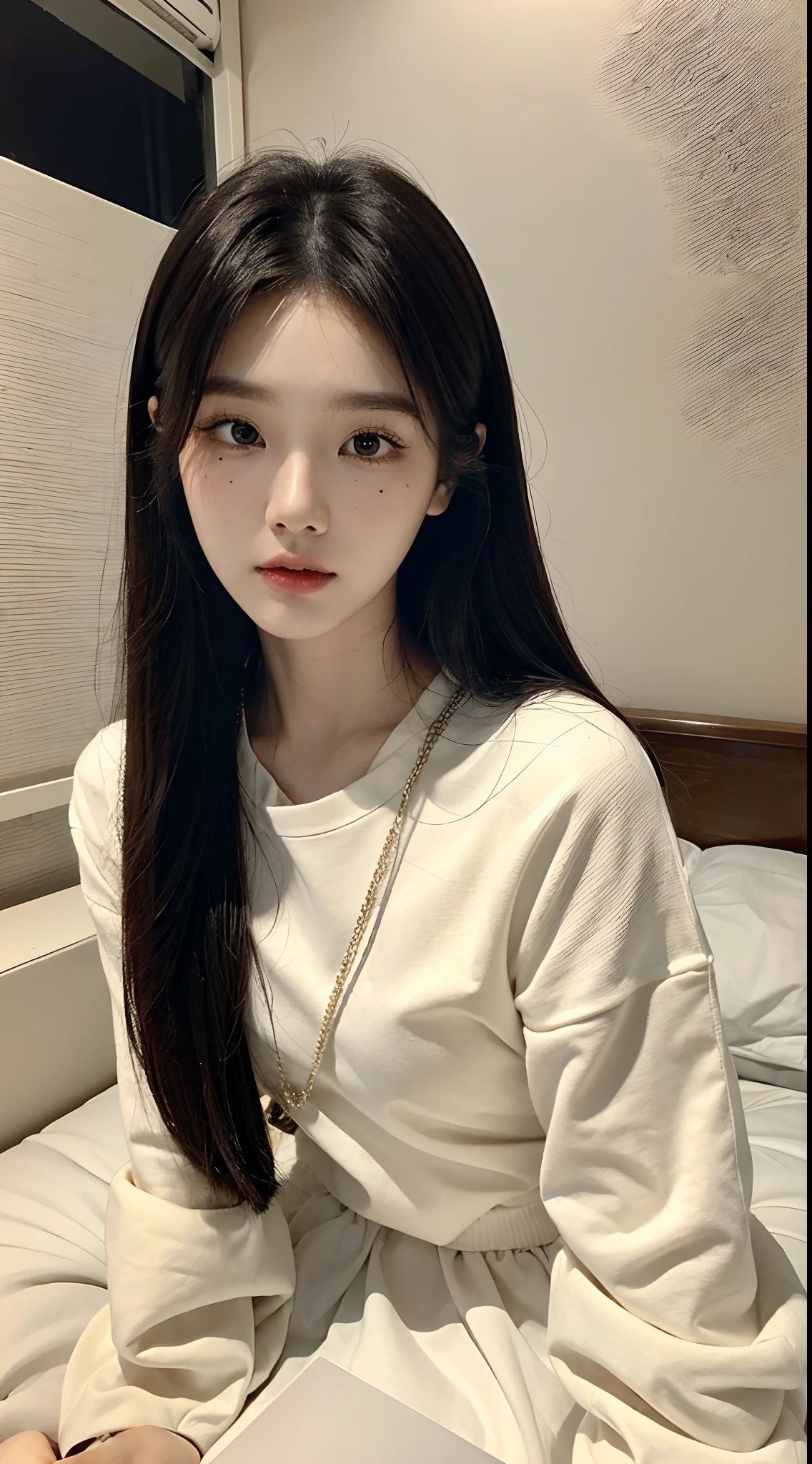 ​masterpiece、top-quality)、1 beutiful girl、Slim body、((Black and white plain clothes:1.1))、(Detailed beautiful eyes)、Shot in a dark bedroom、((Boyish Brown Medium Hair))、((Smaller face))、((Neutral face))、((Light brown eyes))、((Korean Girl))、((18year old))、((cool lady))、((Embarrassed expression))、((Korean Makeup))、((elongated and sharp eyes))、((Happy House Date))、((boyish))、((The lights are dim))、((Sleeping on a futon))、((Photograph her from above))