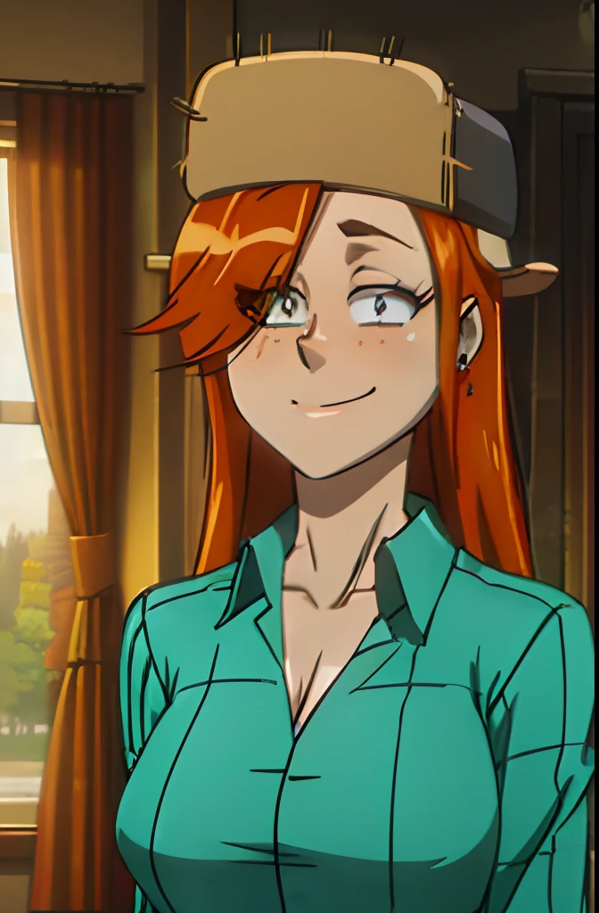 wendy corduroy, masterpiece, best quality, 1girl, solo, hat, long hair, shirt, smile, orange hair, freckles, earrings, jewelry, green shirt, collared shirt, indoors,huge breasts,upper body,((16k 1.8)), freckled breasts