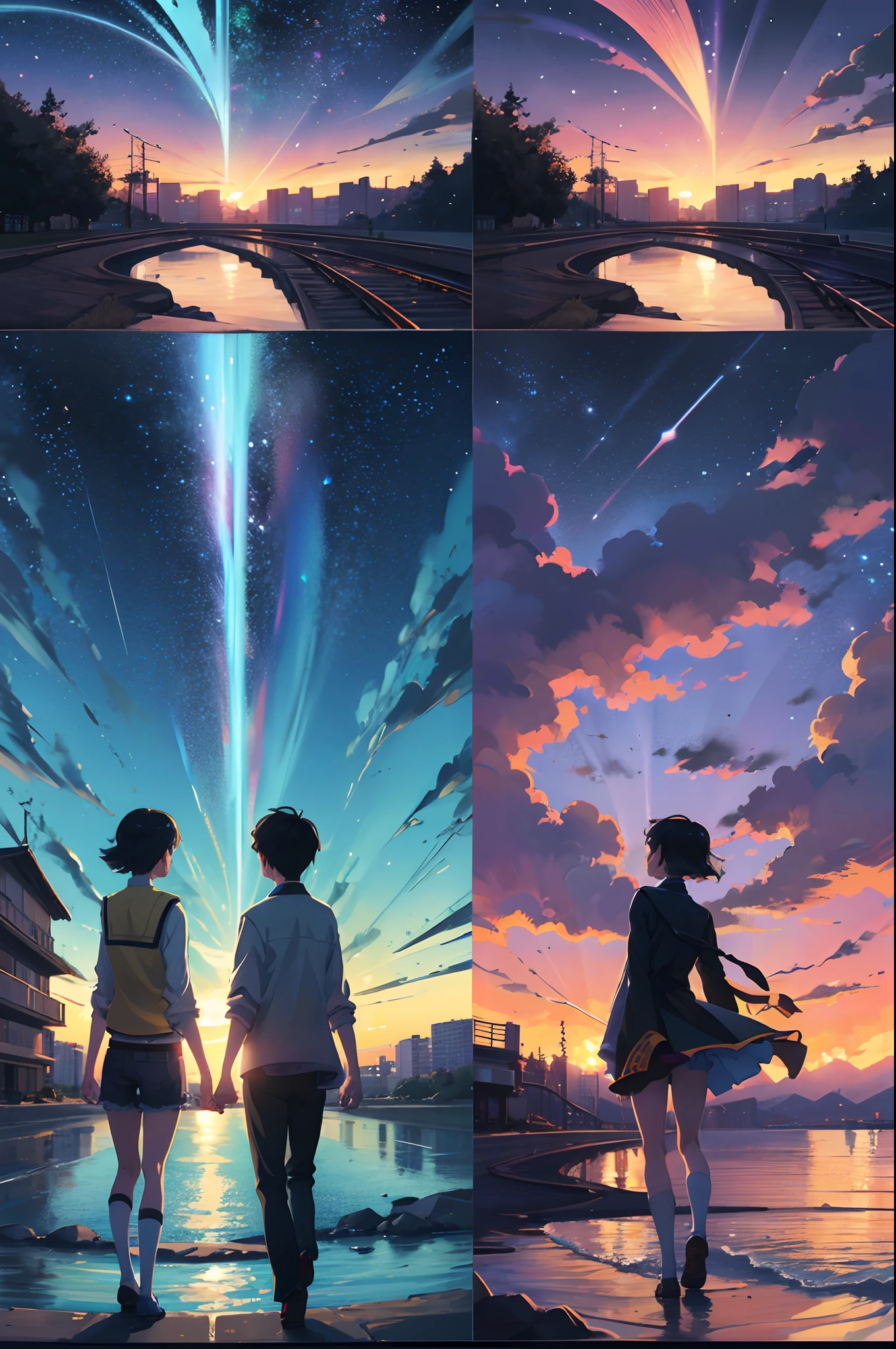 comic strip,Cartoon Split(4 or 5 or 6 tiles),Storyboard,Masterpiece, Anime train passing through bodies of water on tracks, Bright starry sky. Romantic train, Makoto Shinkai's picture, Pisif, concept-art, Lofi art style, Reflection. By Makoto Shinkai, Lofi art, beautiful anime scenes, Anime landscape, Detailed scenery —width 672, in the style of makoto shinkai, Makoto Shinkai's style, Enhanced detail.