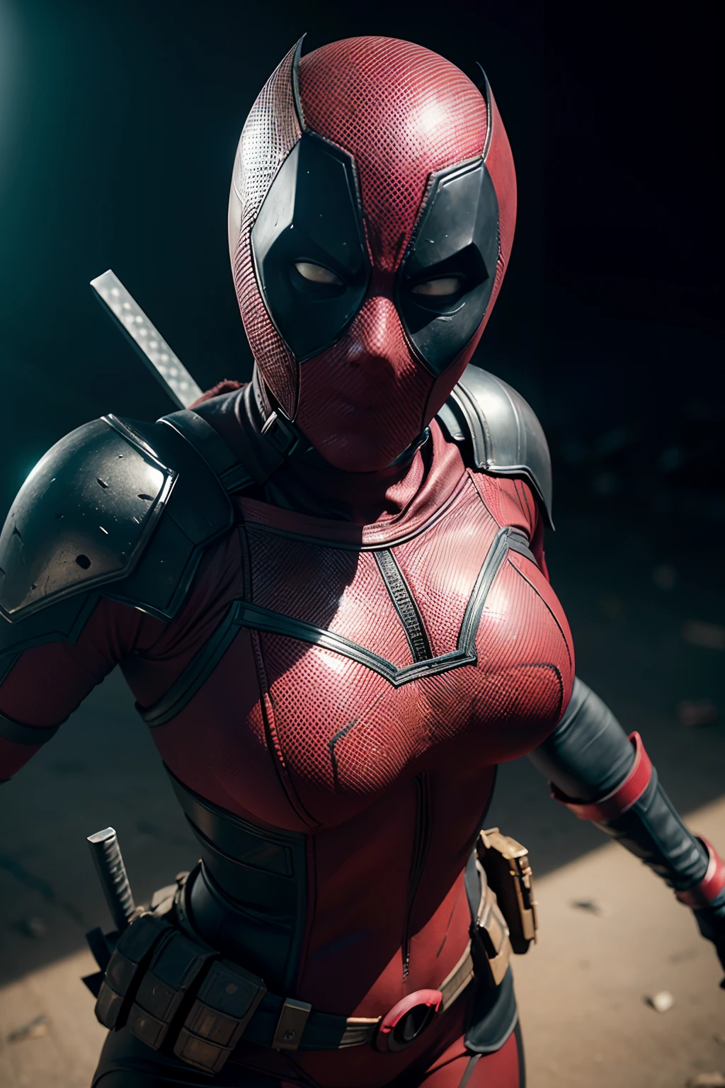 Morena Baccarin as Deadpool, in Deadpool armor and mask, (dynamic pose), (hyper realistic:1.4), (realistic:1.3), (best quality real texture skin), full body, (Cinematic Light), highly detailed skin, skin pores, (highly detailed face:1.1), (highly detailed eyes:1.1), realistic pupils, (perfect anatomy:1.1), (perfect proportions:1.1), (photography:1.1), (photorealistic:1.1), volumetric lighting, dynamic lighting, real shadows, (highres:1.1), sharp focus, daylight, (realistic, hyperrealistic:1.4), intricate, high detail, dramatic, subsurface scattering, big depth of field, vivid, polished, sharpened, ((full Sharp)), (extremely absurdres),8k hdr