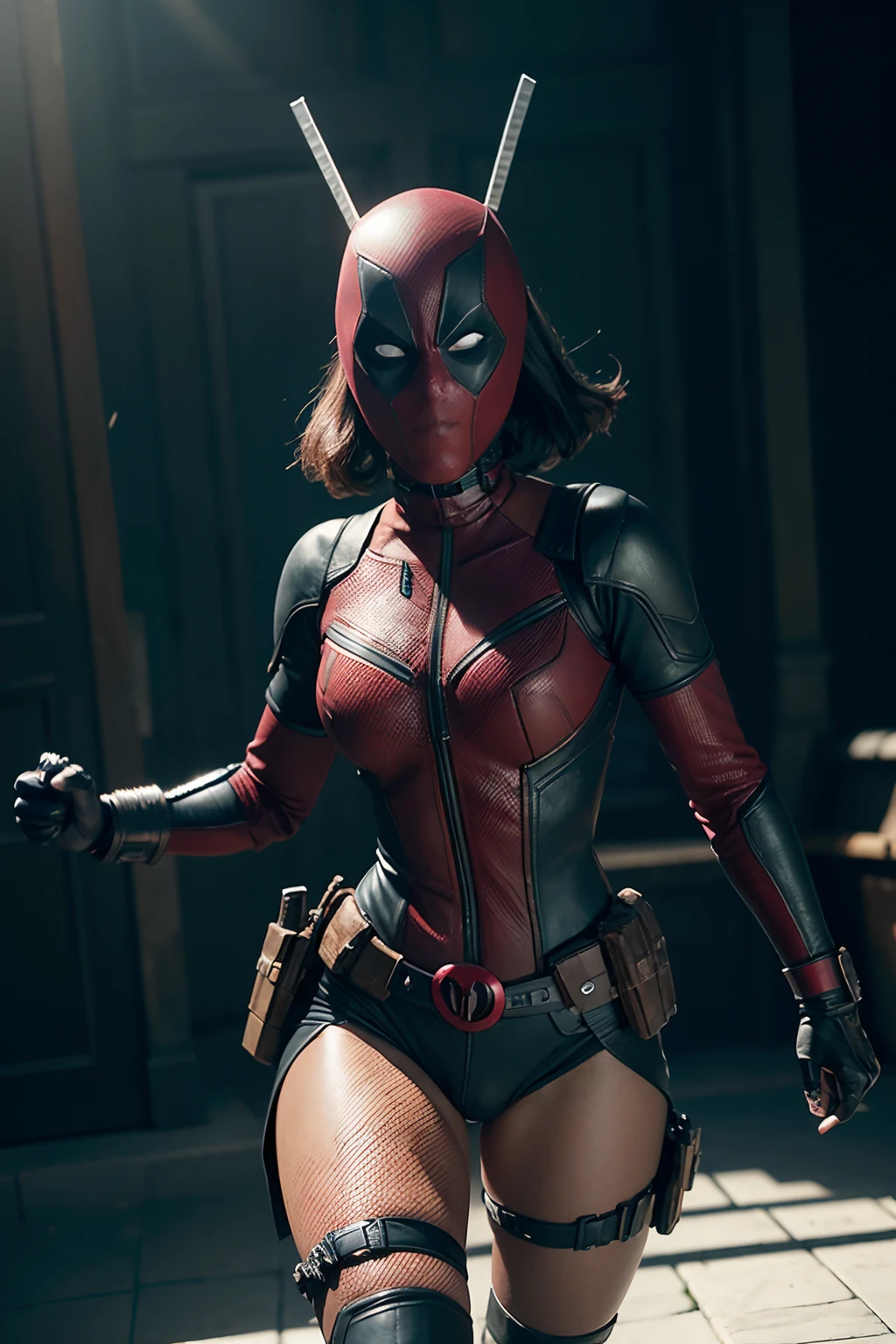 Morena Baccarin as Deadpool, in Deadpool armor and mask, (dynamic pose), (hyper realistic:1.4), (realistic:1.3), (best quality real texture skin), full body, (Cinematic Light), highly detailed skin, skin pores, (highly detailed face:1.1), (highly detailed eyes:1.1), realistic pupils, (perfect anatomy:1.1), (perfect proportions:1.1), (photography:1.1), (photorealistic:1.1), volumetric lighting, dynamic lighting, real shadows, (highres:1.1), sharp focus, daylight, (realistic, hyperrealistic:1.4), intricate, high detail, dramatic, subsurface scattering, big depth of field, vivid, polished, sharpened, ((full Sharp)), (extremely absurdres),8k hdr