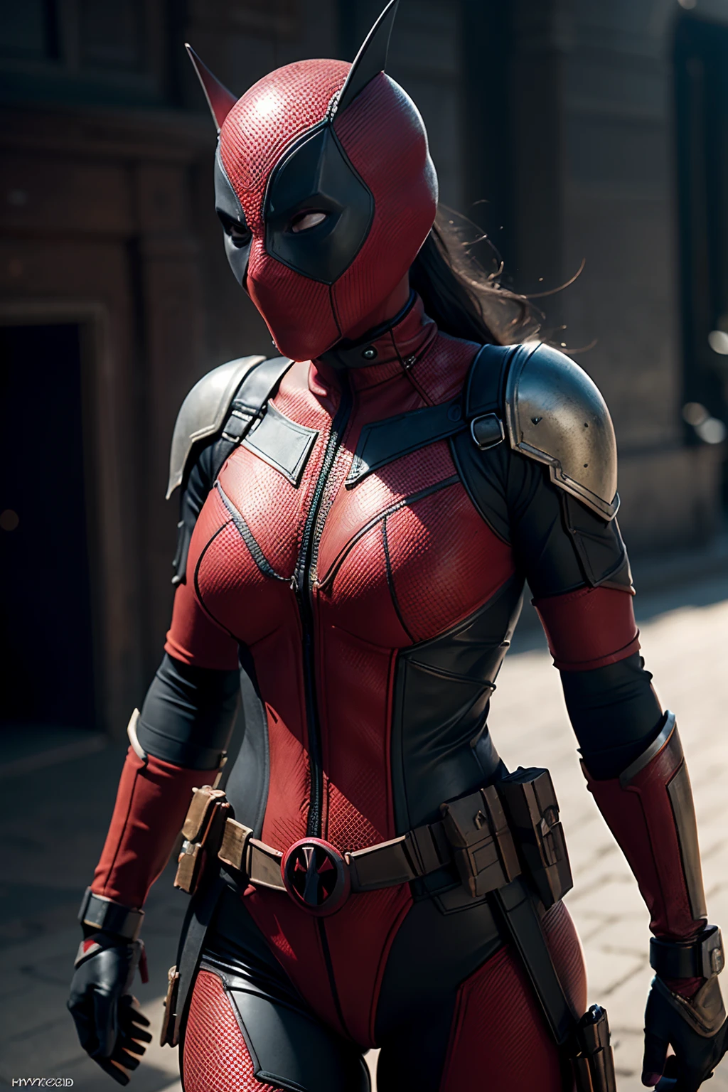 Morena Baccarin as Deadpool, in Deadpool armor and mask, (dynamic pose), (hyper realistic:1.4), (realistic:1.3), (best quality real texture skin), full body, (Cinematic Light), highly detailed skin, skin pores, (highly detailed face:1.1), (highly detailed eyes:1.1), realistic pupils, (perfect anatomy:1.1), (perfect proportions:1.1), (photography:1.1), (photorealistic:1.1), volumetric lighting, dynamic lighting, real shadows, (highres:1.1), sharp focus, daylight, (realistic, hyperrealistic:1.4), intricate, high detail, dramatic, subsurface scattering, big depth of field, vivid, polished, sharpened, ((full Sharp)), (extremely absurdres),8k hdr