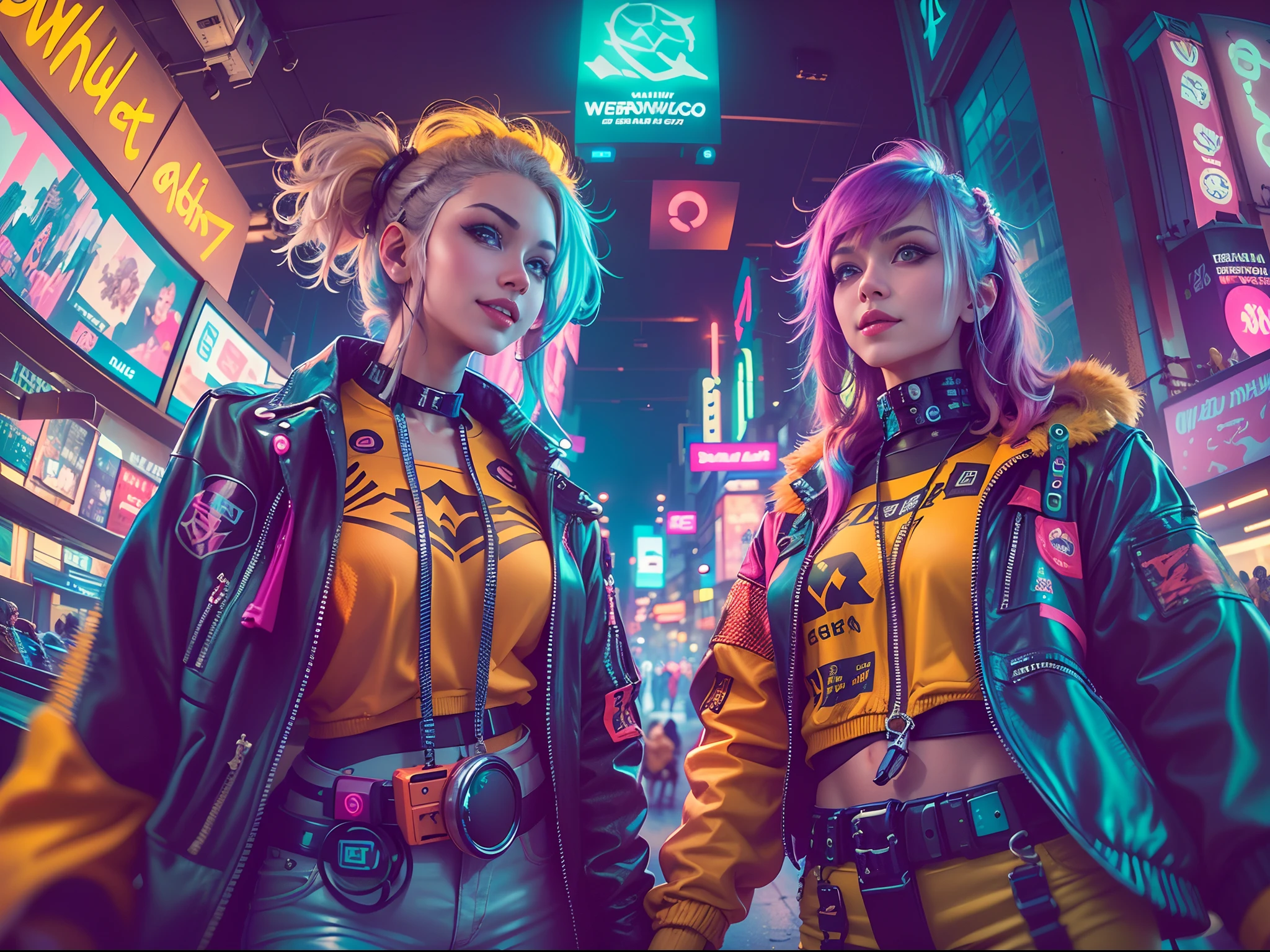 ((2 cyberpunk girls wearing colorful Harajuku style pop outfit)), ((((fisheye lens)))), cowboy shot, wind, messy hair, ((cyberpunk 2077 cityscape)), (cyberpunk aesthetics and atmosphere:1.3), bright colors, smiling, ((cinematic lighting))