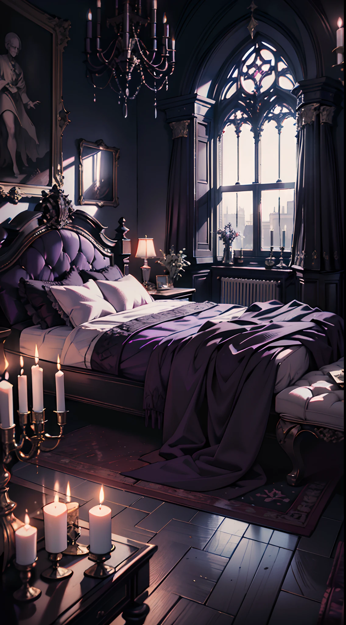 Photography, Bedroom, Gothic living room, Gothic, Dim light, Gargoyles, Dark curtains, waxy candles, Satan painting, decorations, wooden floor, Purple light, dawn,