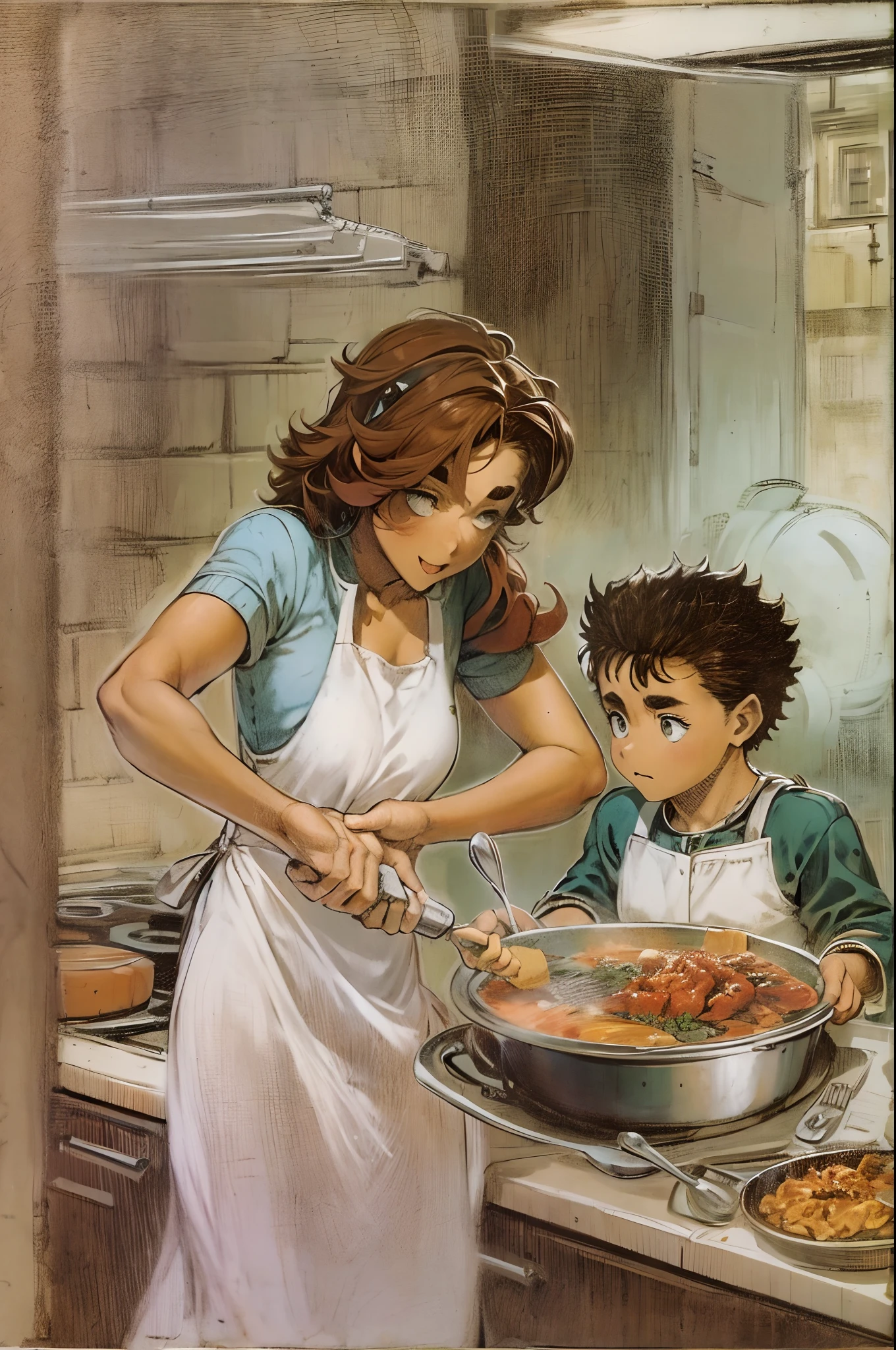 suletta, guts, couple, husband and wife, suletta motherly, house wife, cooking, mother and son, children , family, happy