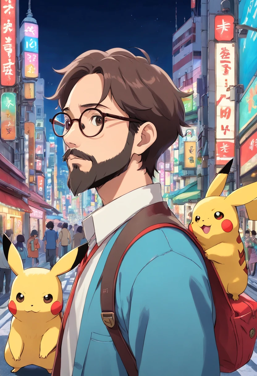 Homem de cor morena, of glasses and beard, with pikachu on his shoulder in the middle of Tokyo