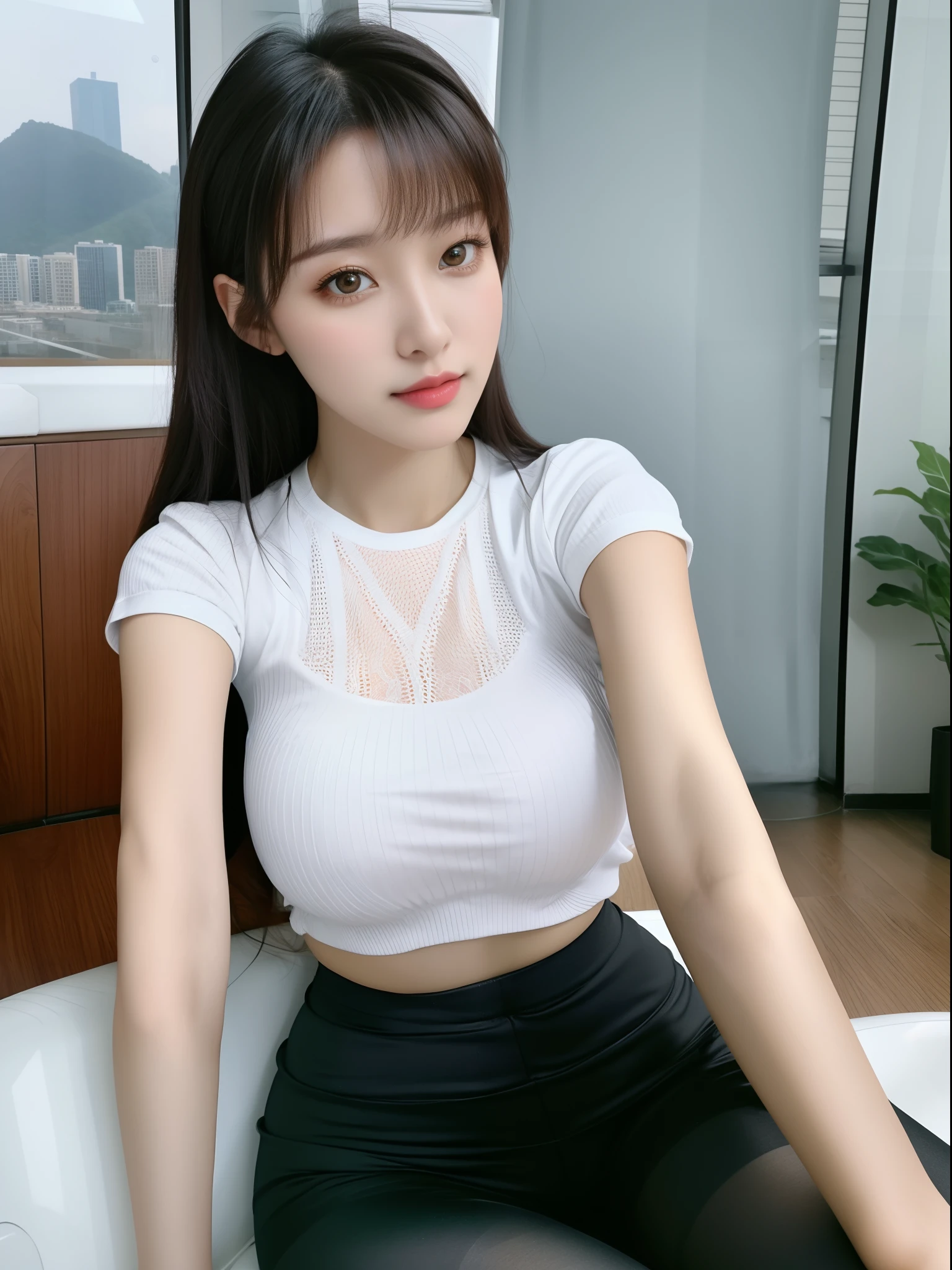 27-year-old woman,Sexy figure,Being in the room,eyes with brightness,Strong gaze,Fairly straight nose,high and cold,sitting on a stool,spread thighs,Thigh seams,Wear tight yoga pants,Wear short sleeves on the upper body,Big breasts Thin waist,(spread thighs:1.3),(black lence stockings:1.3),(Take a selfie with your phone.:1.4),Facing the camera squarely,eyes looking at viewer