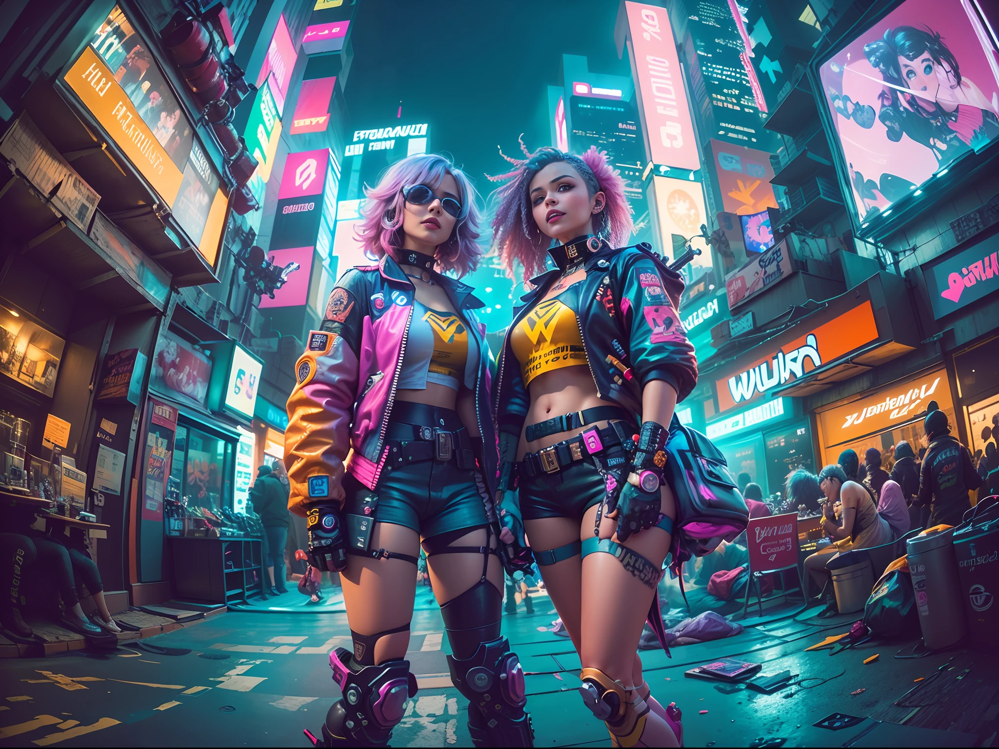 ((2 cyberpunk girls wearing colorful Harajuku style pop outfit)), ((((fisheye lens)))), cowboy shot, wind, messy hair, ((cyberpunk 2077 cityscape)), (cyberpunk aesthetics and atmosphere:1.3), bright colors, smiling, ((cinematic lighting))