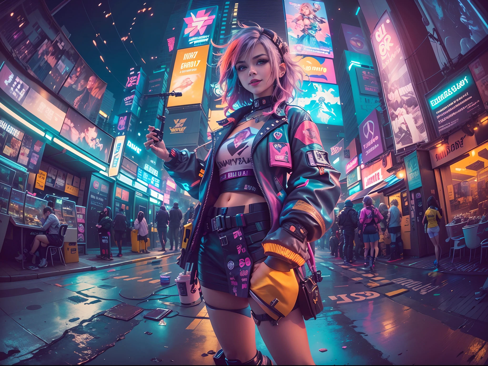 ((2 cyberpunk girls wearing colorful Harajuku style pop outfit)), ((((fisheye lens)))), cowboy shot, wind, messy hair, ((cyberpunk 2077 cityscape)), (cyberpunk aesthetics and atmosphere:1.3), bright colors, smiling, ((cinematic lighting))