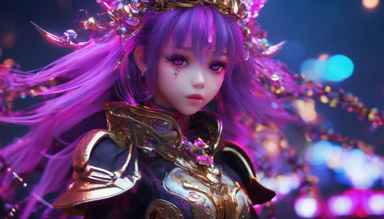 Fantasy Fairy Girl 32K(tmasterpiece,k hd,hyper HD,32K)Long flowing bright purple hair,Autumn Pond,zydink, a color, Fantasy fairy girl(Playful girl), (Silk scarf), Combat posture, looking at the ground, long whitr hair, Floating bright purple, Fire cloud pattern gold tiara, Chinese long-sleeved gold silk garment,Fantasy fairy girl (abstract ink splash:1.2), smoky background,Lotus protector(realisticlying:1.4),Bright purple hair,Smoke on the road,The background is pure, A high resolution, the detail, RAW photogr, Sharp Re, Nikon D850 Film Stock Photo by Jefferies Lee 4 Kodak Portra 400 Camera F1.6 shots, Rich colors, ultra-realistic vivid textures, Dramatic lighting, Unreal Engine Art Station Trend, cinestir 800,Fantasy fairy girl