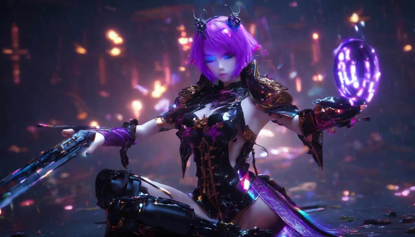 Fantasy Fairy Girl 32K（tmasterpiece，k hd，hyper HD，32K）Long flowing bright purple hair，Autumn Pond，zydink， a color， Fantasy fairy girl（Playful girl）， （Silk scarf）， Combat posture， looking at the ground， long whitr hair， Floating bright purple， Fire cloud pattern gold tiara， Chinese long-sleeved gold silk garment，Fantasy fairy girl （abstract ink splash：1.2）， smoky background，Lotus protector（realisticlying：1.4），Bright purple hair，Smoke on the road，The background is pure， A high resolution， the detail， RAW photogr， Sharp Re， Nikon D850 Film Stock Photo by Jefferies Lee 4 Kodak Portra 400 Camera F1.6 shots, Rich colors, ultra-realistic vivid textures, Dramatic lighting, Unreal Engine Art Station Trend, cinestir 800，Fantasy fairy girl