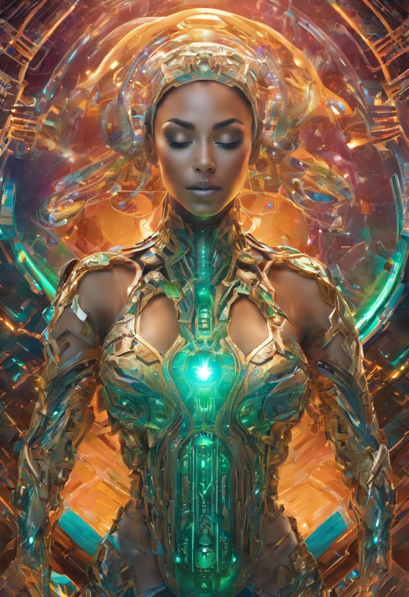 Stunning, Beautiful 35 years old Latin Brazilian Woman Goddess of Multiverse, Impossing, Athletic Body, Suntan Skin, Wearing Egyptian Jewels Futuristic Cut Armor with Bracelets and with Intricate Isometric Fluid Galaxy Bioluminescence Effects, symmetrical, with Galaxies orbiting her body, perfect detailed face, detailed symmetric circular Green iris pupils, ((Gorgeous Long Blonde Fluid Hair)), Realistic, intricately detailed, cinematic, Isometric, awesome full color, gritty, mucha, klimt, 16k, hight definition, cinematic, neoprene, behance contest winner, portrait featured on unsplash, smooth, ultra high definition, ultra sharp focus, intricate artwork masterpiece, ominous, epic, TanvirTamim, trending on artstation, highly detailed, vibrant