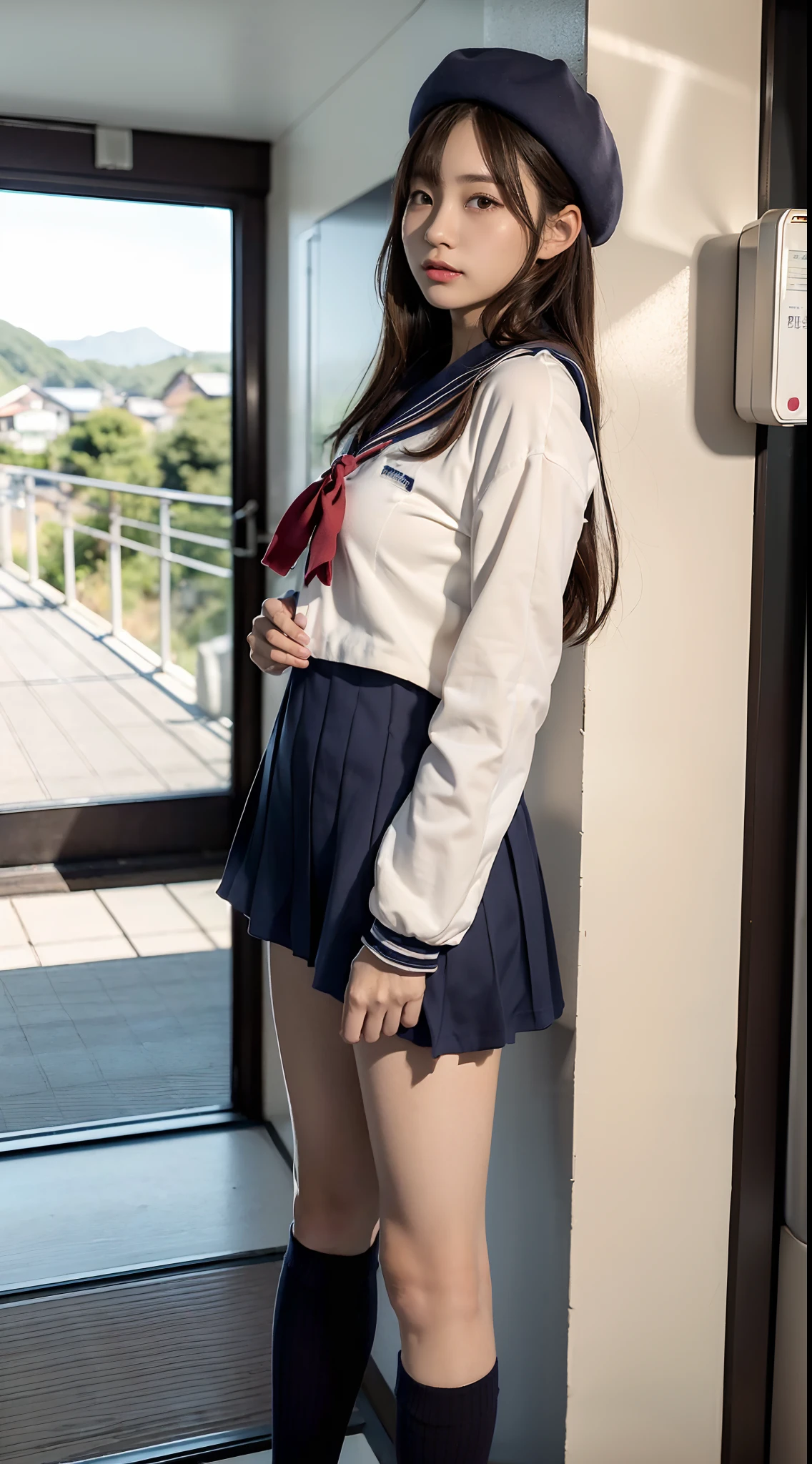 (Top image quality、8K、masterpiece:1.3))、Realistic high-quality photos、top-quality、girl cute-fine face、 beautiful Japan girl、Photo of slim little girl iful girl model、young japanese girl、Young cute face、japanaese girl、13-year-old female model、Beautiful Model Girl、The innocent look of the girl next door、lovely delicate face、Brown hair、Beautiful brown eyes、Tear bag、drooing eyes、young body、Sailor Uniform,Lift the skirt to expose the panties,Best Smile、pantyshot、