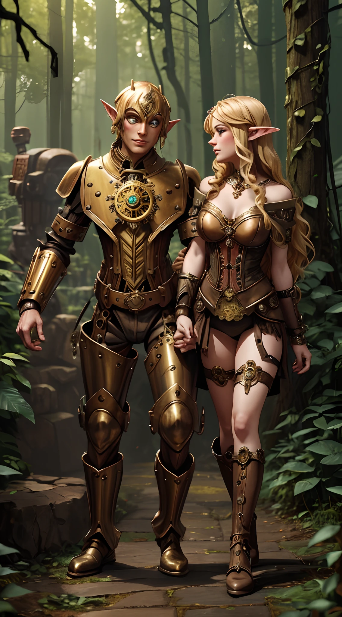 A clockwork golem, brass, cogs! An elven maiden and a steampunk golem, hands almost touching amidst a rose-filled forest with gears at their feet,
Union, choice,
Harmony, duality,
Mystical bond, intertwining fates, mechanical heartbeats, elvish allure