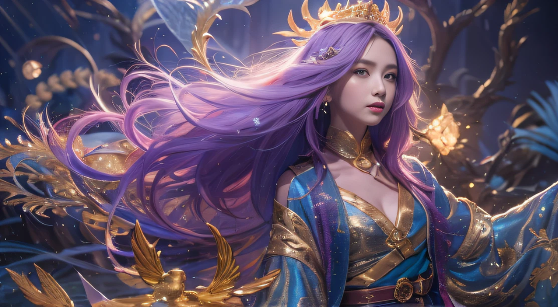 Fantasy Fairy Girl 32K（tmasterpiece，k hd，hyper HD，32K）Long flowing bright purple hair，Autumn Pond，zydink， a color， Fantasy fairy girl（Playful girl）， （Silk scarf）， Combat posture， looking at the ground， long whitr hair， Floating bright purple， Fire cloud pattern gold tiara， Chinese long-sleeved gold silk garment，Fantasy fairy girl （abstract ink splash：1.2）， smoky background，Lotus protector（realisticlying：1.4），Bright purple hair，Smoke on the road，The background is pure， A high resolution， the detail， RAW photogr， Sharp Re， Nikon D850 Film Stock Photo by Jefferies Lee 4 Kodak Portra 400 Camera F1.6 shots, Rich colors, ultra-realistic vivid textures, Dramatic lighting, Unreal Engine Art Station Trend, cinestir 800，Fantasy fairy girl