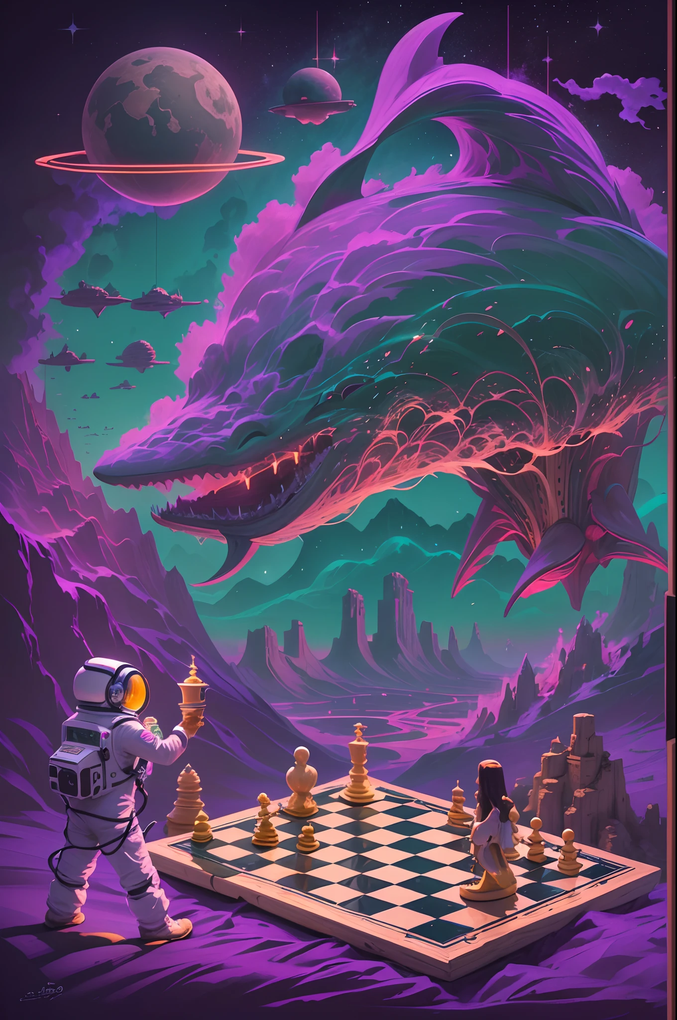 "In a neon desert, dolphins fly over floating mountains, while an astronaut plays chess with a spaghetti monster under a purple sky."