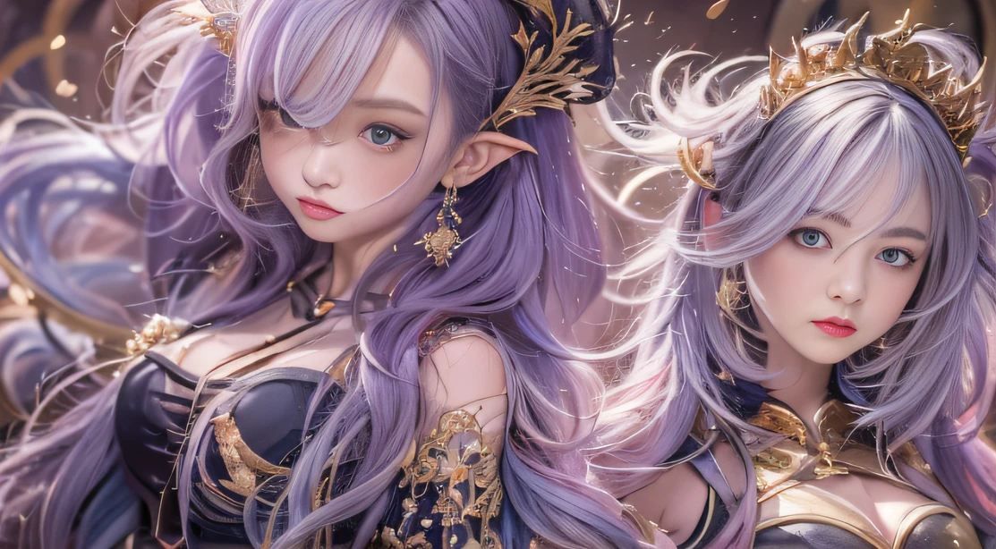 Fantasy Fairy Girl 32K(tmasterpiece,k hd,hyper HD,32K)Long flowing bright purple hair,Autumn Pond,zydink, a color, Fantasy fairy girl(Playful girl), (Silk scarf), Combat posture, looking at the ground, long whitr hair, Floating bright purple, Fire cloud pattern gold tiara, Chinese long-sleeved gold silk garment,Fantasy fairy girl (abstract ink splash:1.2), smoky background,Lotus protector(realisticlying:1.4),Bright purple hair,Smoke on the road,The background is pure, A high resolution, the detail, RAW photogr, Sharp Re, Nikon D850 Film Stock Photo by Jefferies Lee 4 Kodak Portra 400 Camera F1.6 shots, Rich colors, ultra-realistic vivid textures, Dramatic lighting, Unreal Engine Art Station Trend, cinestir 800,Fantasy fairy girl