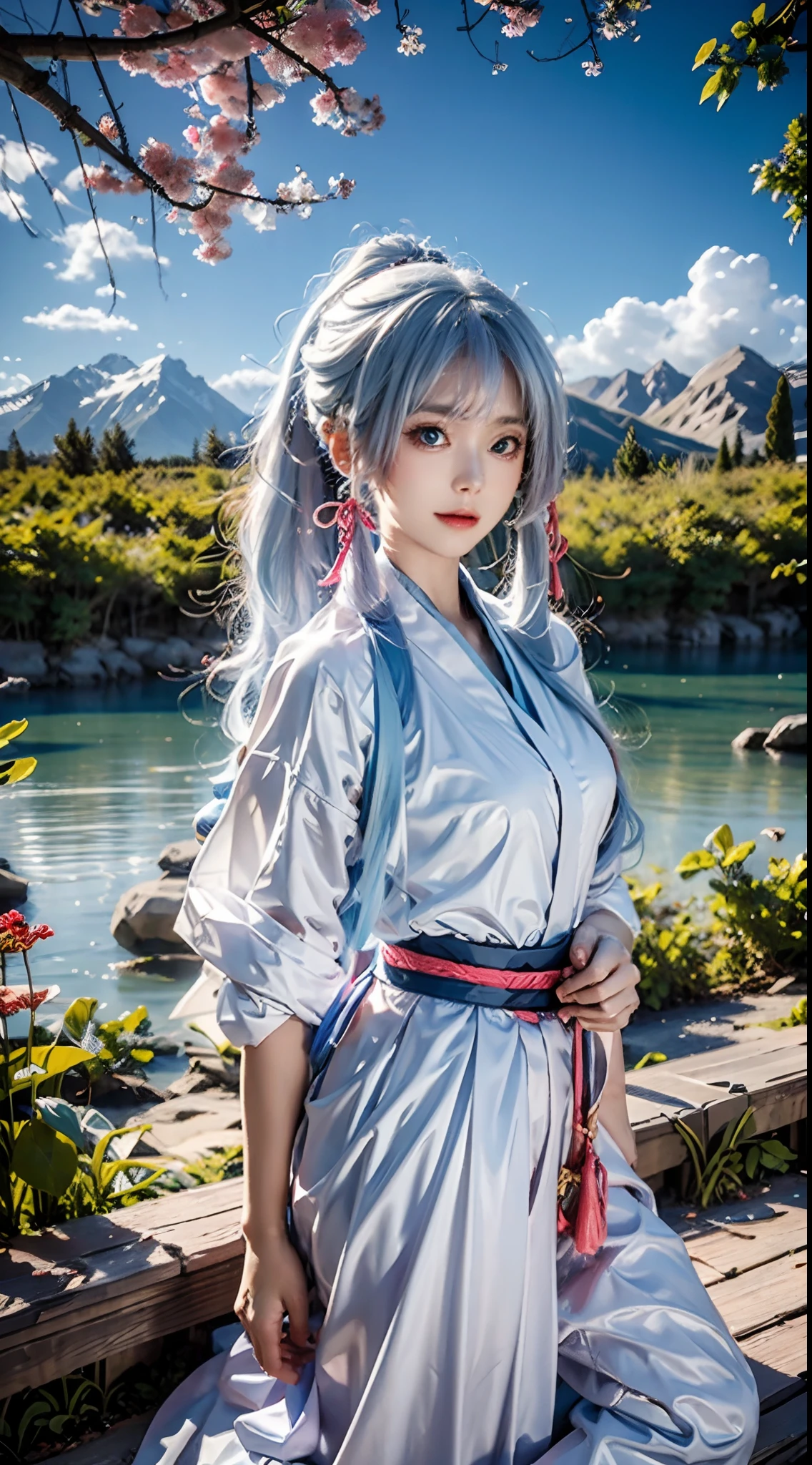 photorealistic, high resolution, soft lights, 1women, solo, hips up, blue eyes, white long hair, ponytail, pink hair ribbon, bangs, white shirt, blue long hakama skirt, geta, outdoors, park, lake, lawn, mountains, flowers, sunshine