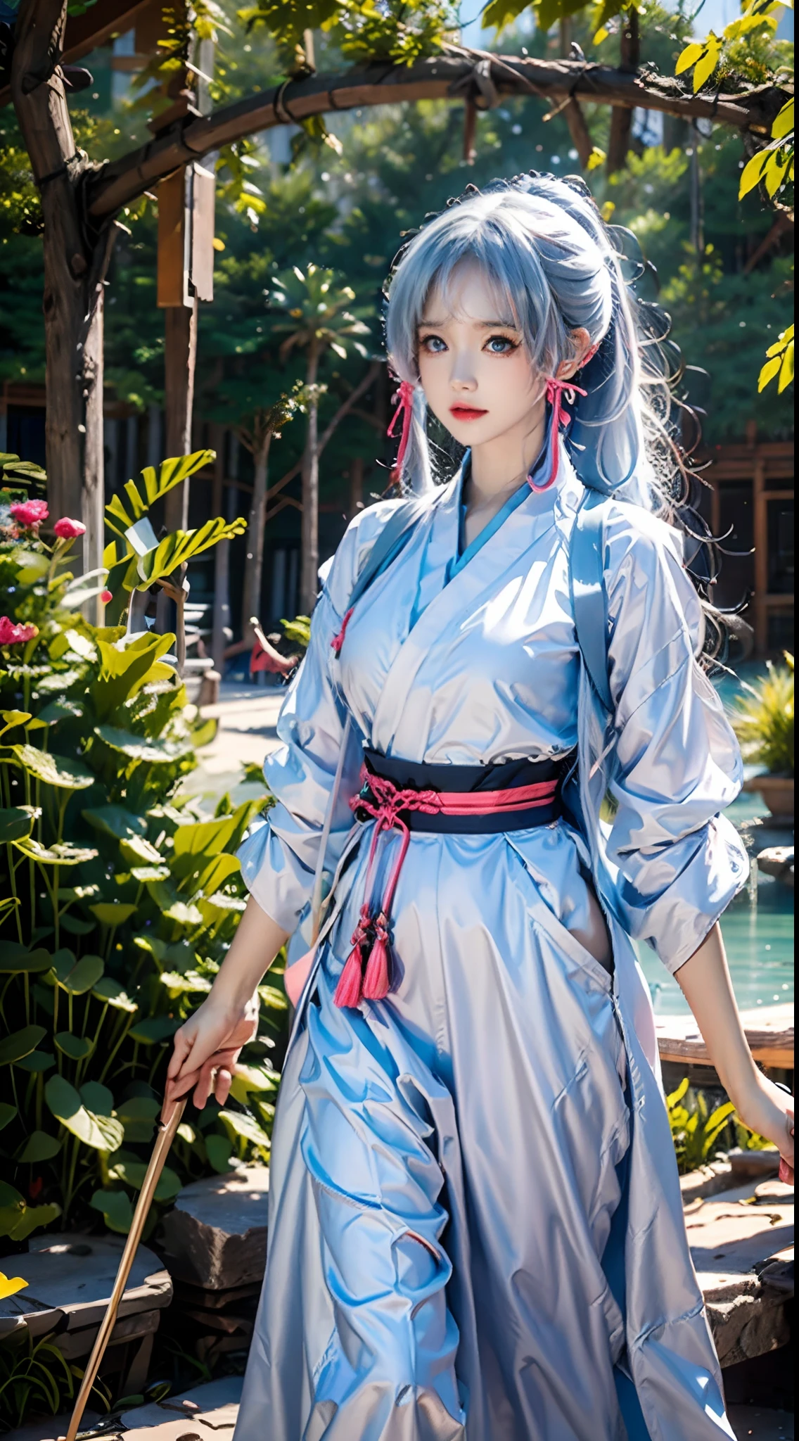 photorealistic, high resolution, soft lights, 1women, solo, hips up, blue eyes, white long hair, ponytail, pink hair ribbon, bangs, white shirt, blue long hakama skirt, geta, outdoors, park, lake, lawn, mountains, flowers, sunshine