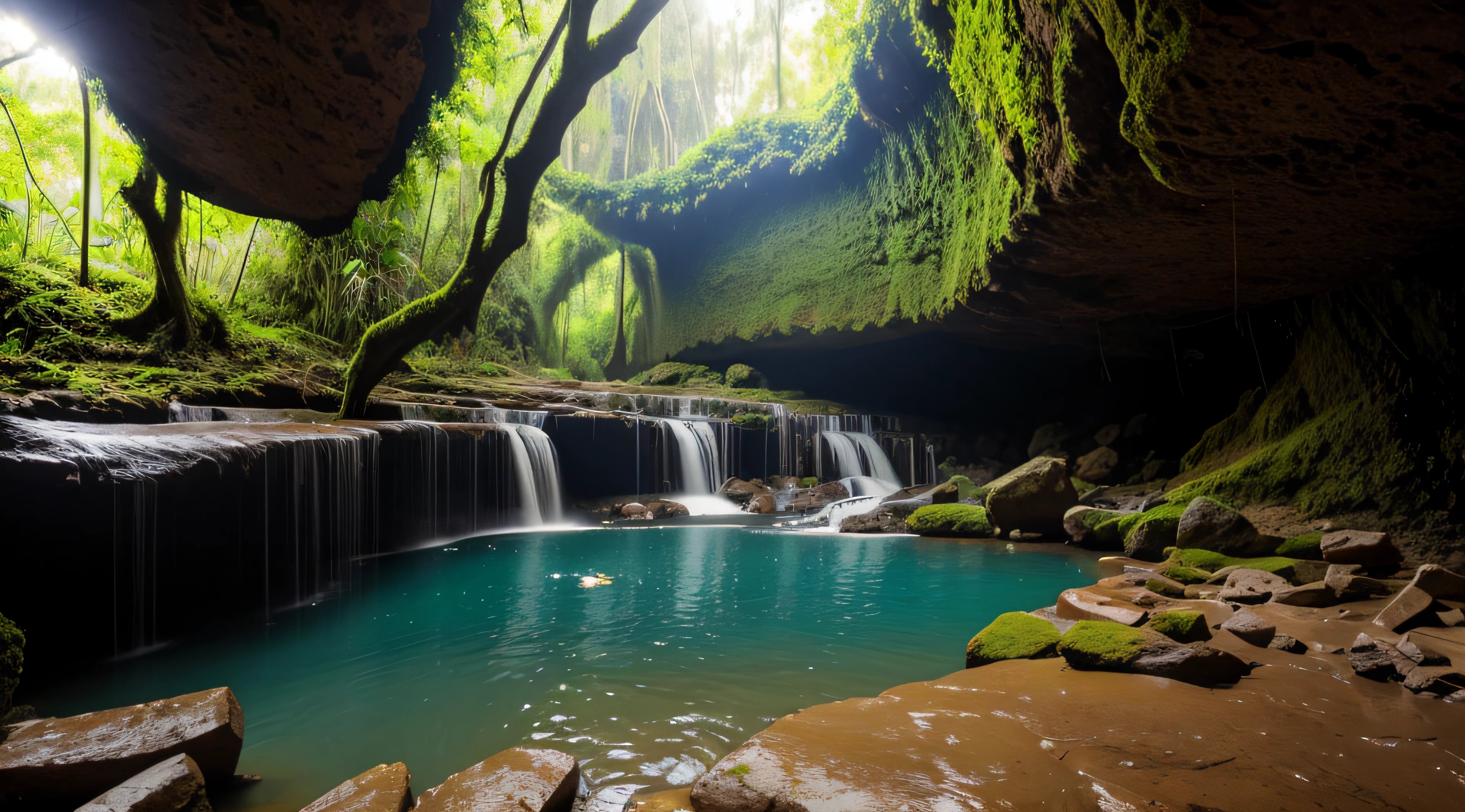 cachoeira dentro de uma caverna em uma floresta tropical