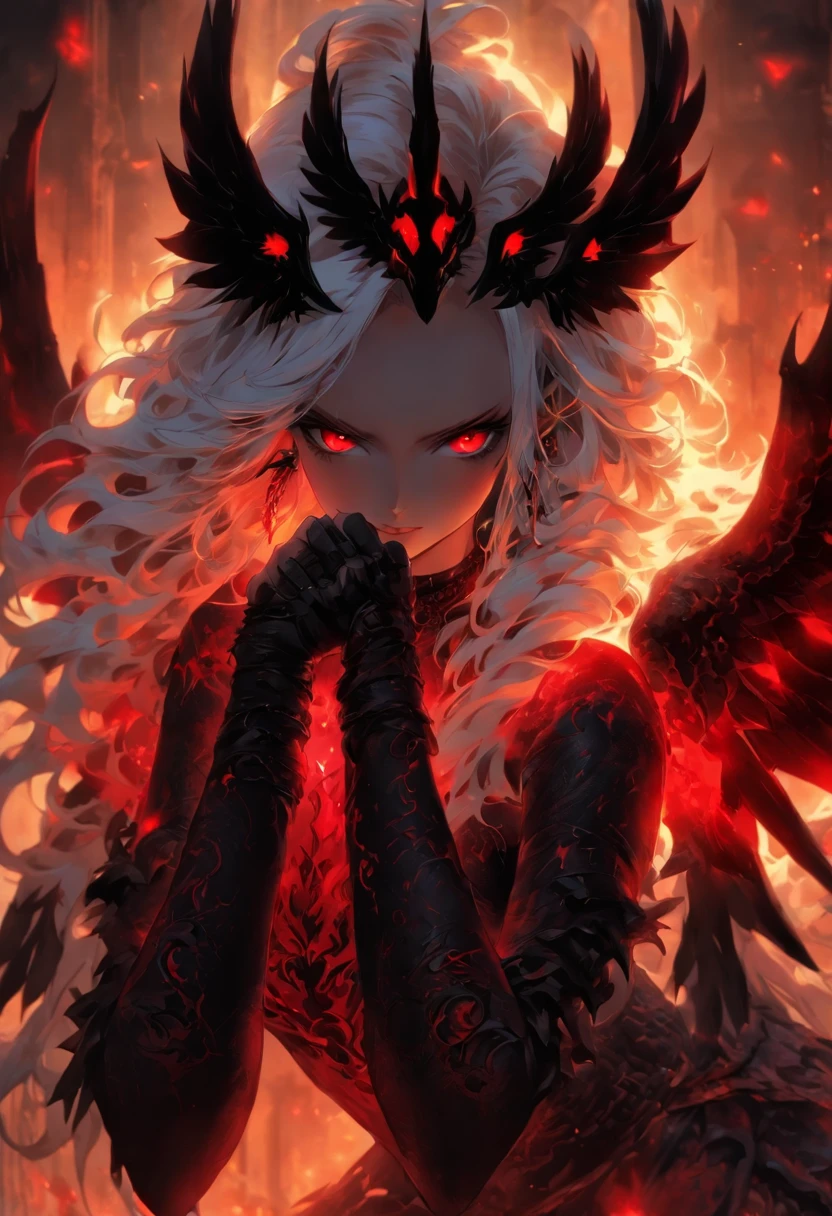 The most beautiful and sexy demon goddess, long white hair, glowing red eyes, wearing detailed black gothic battle armor, black angel wings, tattoos and piercings, gothic castle, perfect masterpiece, high quality, high resolution