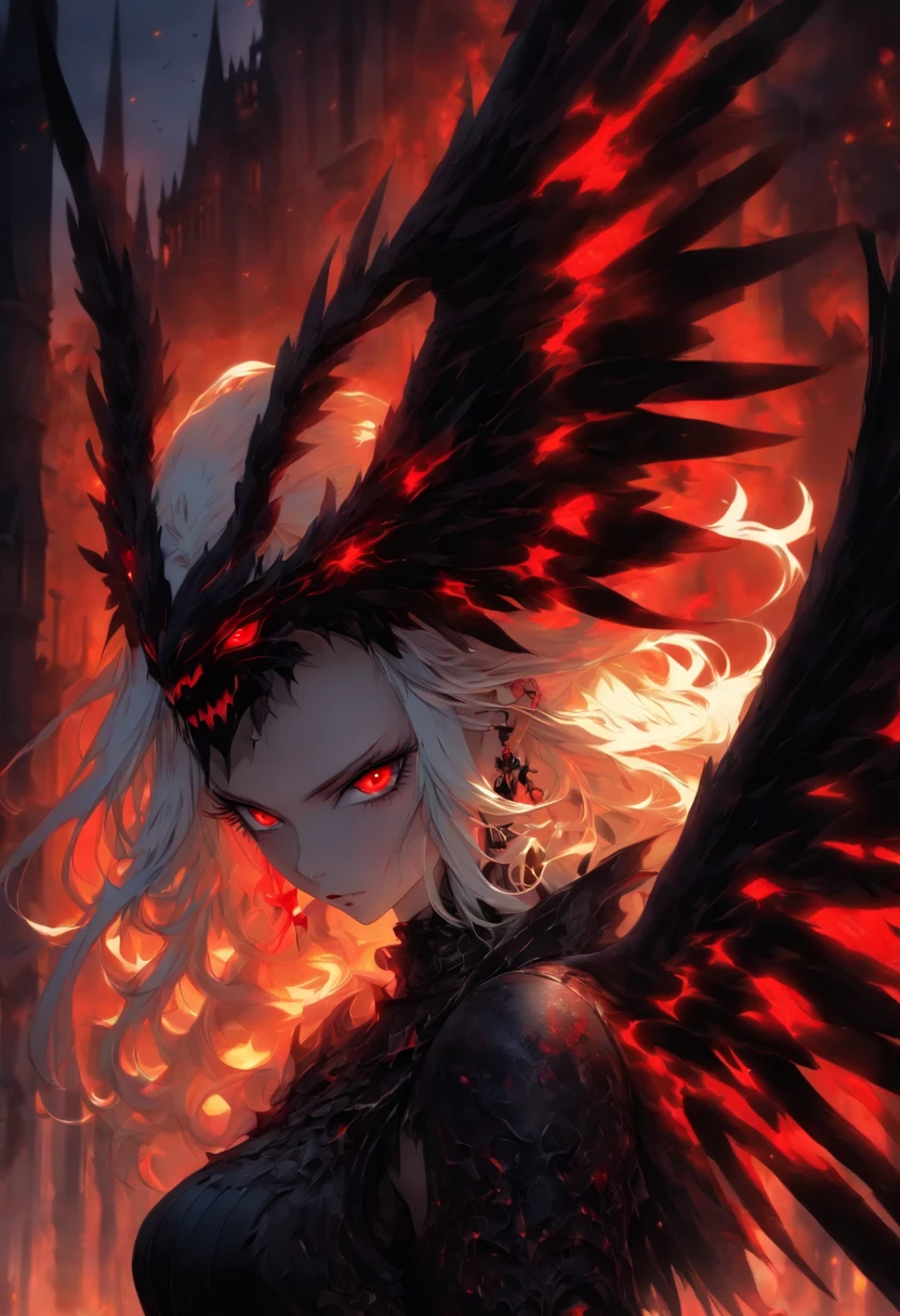 The most beautiful and sexy demon goddess, long white hair, glowing red eyes, wearing detailed black gothic battle armor, black angel wings, tattoos and piercings, gothic castle, perfect masterpiece, high quality, high resolution