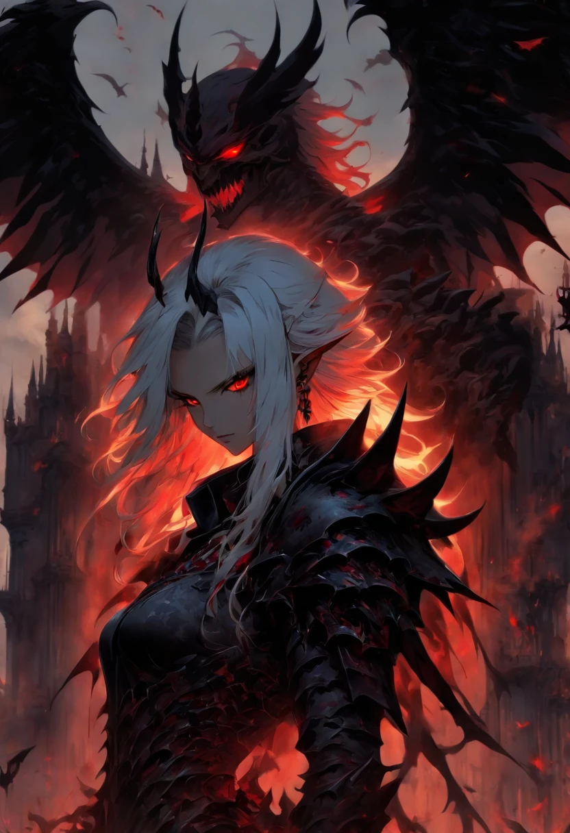 The most beautiful and sexy demon goddess, long white hair, glowing red eyes, wearing detailed black gothic battle armor, black angel wings, tattoos and piercings, gothic castle, perfect masterpiece, high quality, high resolution