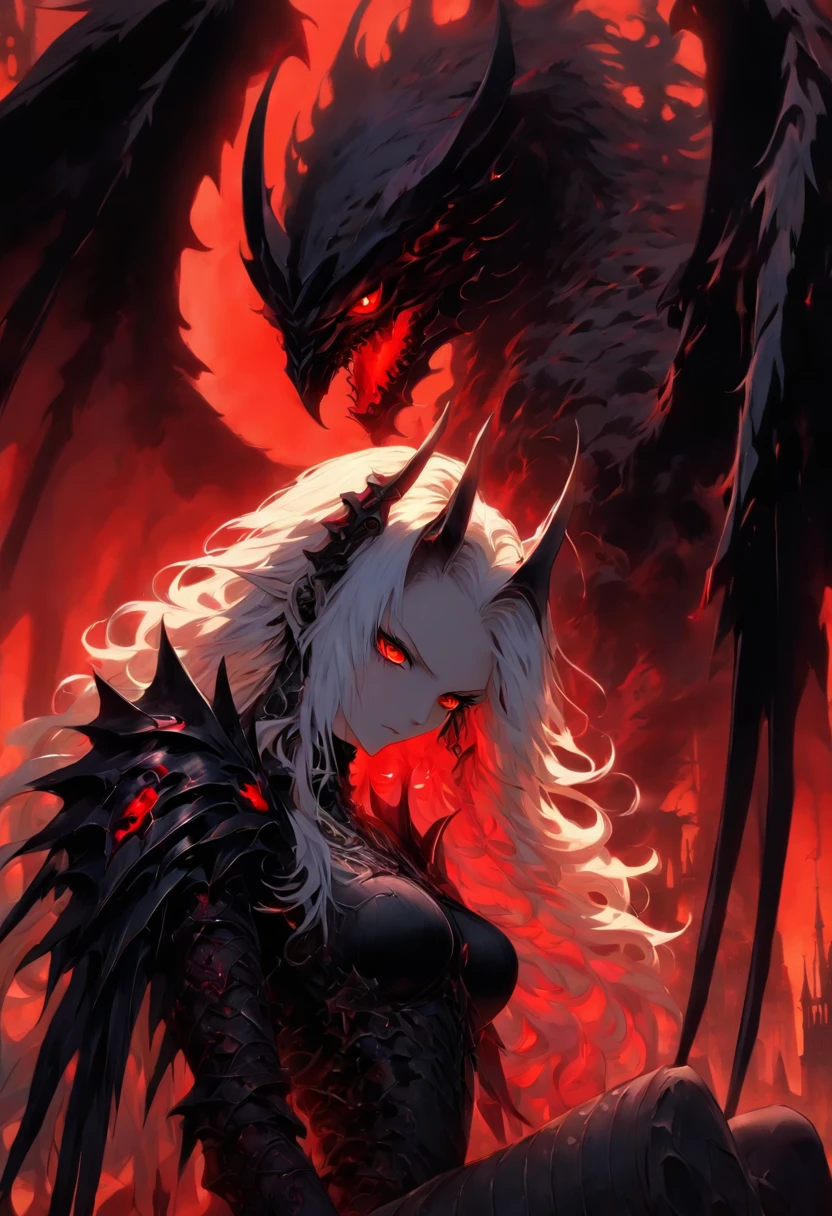 The most beautiful and sexy demon goddess, long white hair, glowing red eyes, wearing detailed black gothic battle armor, black angel wings, tattoos and piercings, gothic castle, perfect masterpiece, high quality, high resolution