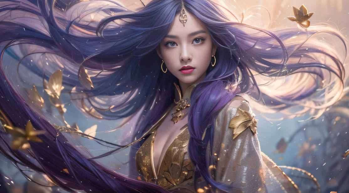 Fantasy Fairy Girl 32K(tmasterpiece,k hd,hyper HD,32K)Long flowing bright purple hair,Autumn Pond,zydink, a color, Fantasy fairy girl(Playful girl), (Silk scarf), Combat posture, looking at the ground, long whitr hair, Floating bright purple, Fire cloud pattern gold tiara, Chinese long-sleeved gold silk garment,Fantasy fairy girl (abstract ink splash:1.2), smoky background,Lotus protector(realisticlying:1.4),Bright purple hair,Smoke on the road,The background is pure, A high resolution, the detail, RAW photogr, Sharp Re, Nikon D850 Film Stock Photo by Jefferies Lee 4 Kodak Portra 400 Camera F1.6 shots, Rich colors, ultra-realistic vivid textures, Dramatic lighting, Unreal Engine Art Station Trend, cinestir 800,Fantasy fairy girl
