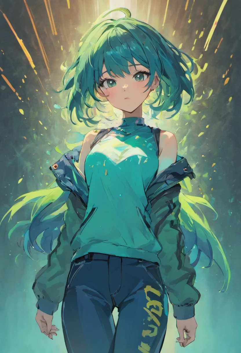 half body portrait of a beautiful woman in a croptop and cargo pants with ombre navy blue teal hairstyle with head in motion and hair flying, paint splashes, splatter, outrun, vaporware, shaded flat illustration, digital art, trending on artstation, highly detailed, fine detail, intricate