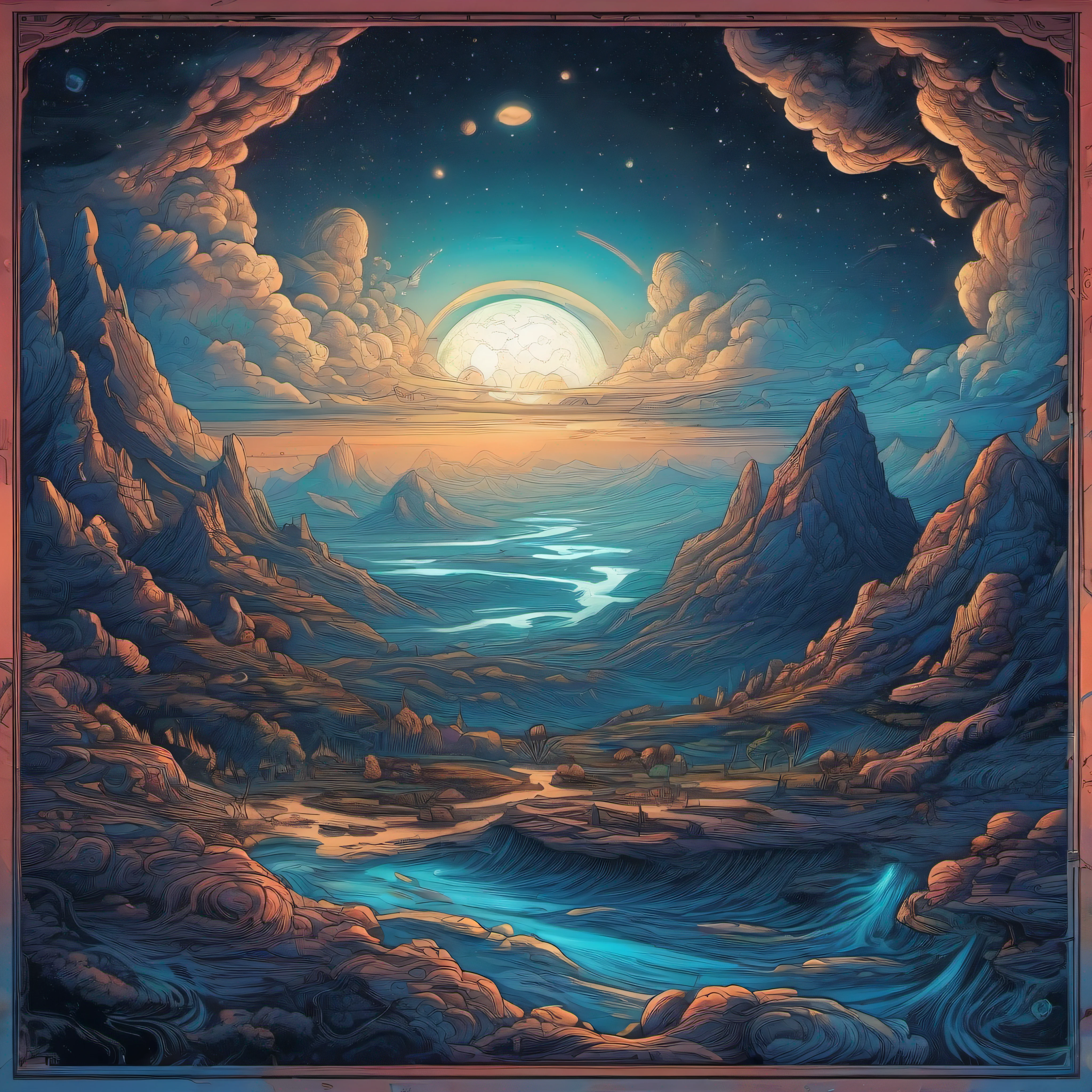 Realistic illustration of the Earth by Dan Mumford, highlighting the alien landscape shrouded between clouds and stars. The scene is epic, with spinning clouds in high exposure with lots of highly detailed details. Vibrant blue colors bring the illustration to life. [HD