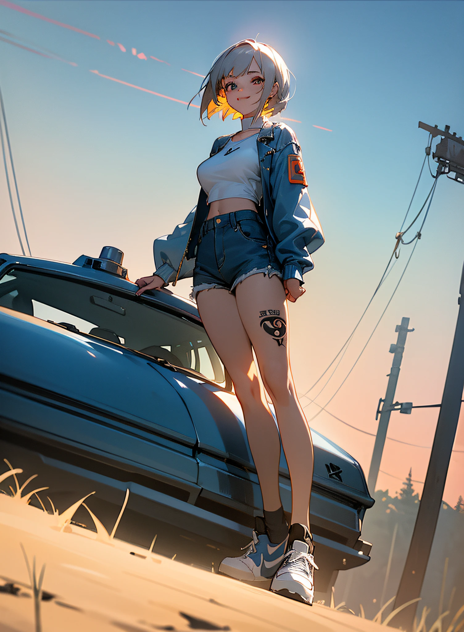 Nijistyle, uma garota furiosa como Tank girl, using a apocalíptico cloth, shorts curtinho com cinta liga, joelheiras, luvas camiseta curta mostrando a barriga a parte de baixo dos seios, cyberpunk do deserto, armas na cintura, tank de guerra, Tank girl, tatuagens, ((( cabelos moicanos coloridos ))), funny with a mocking smile
