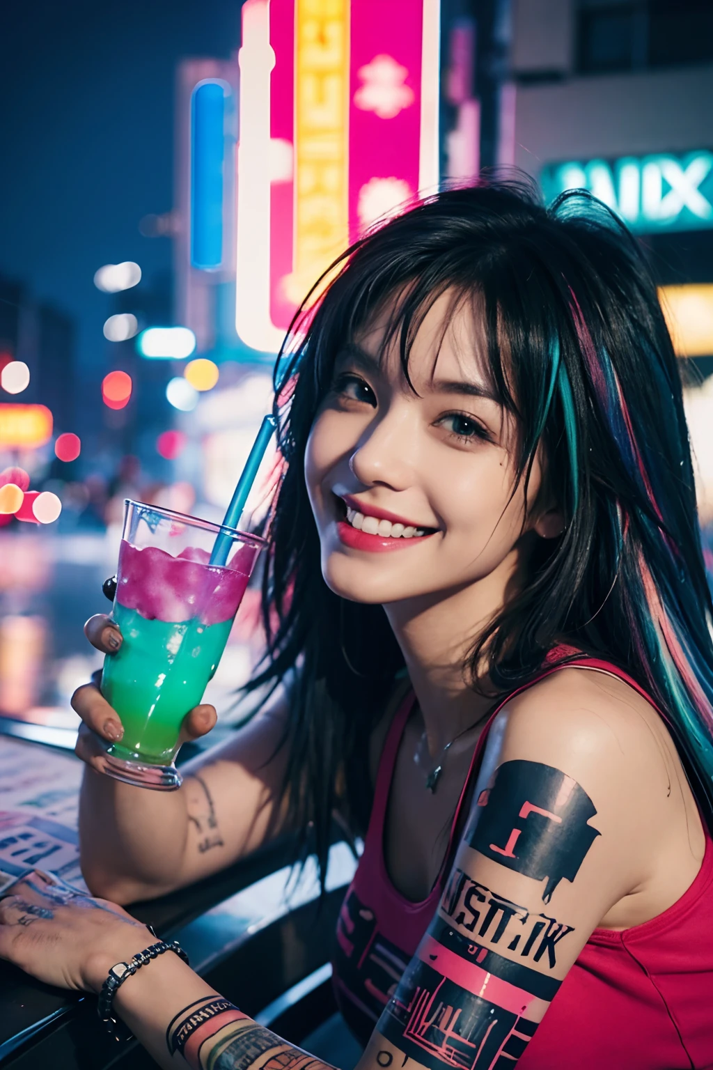 drink, smile, eat, repeat, watercolor, inkpunk, cyberpunk. mixpunk, vibrant colors, dynamic angles, ultra detailed, 8k,