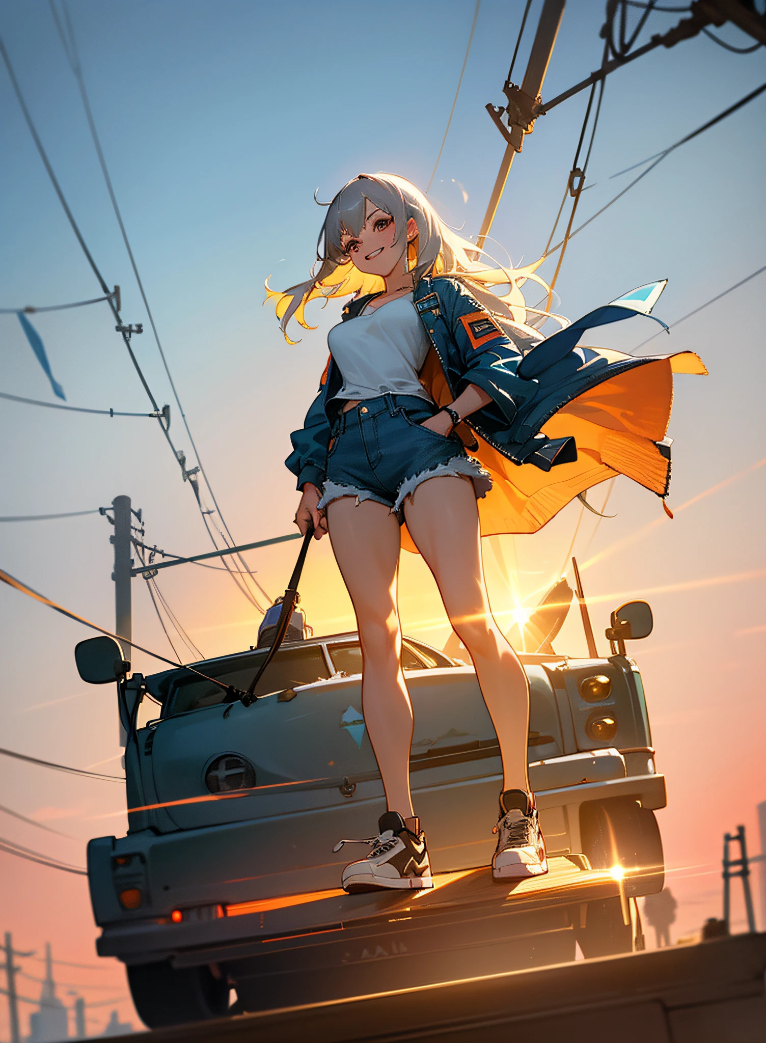 A beautiful girl in denim shorts, Nike sneakers, blue bubble jacket, white shirt with low neckline, medium breasts, thick thighs, devilish smile, gray hair, fangs, tattoos, deserted street on top of an old car, poles and wires, full body , (ultra-realistic), {extremely detailed CG unit 8k wallpaper}, Expansive landscape photography, (a view from below that shows the immensity, expansive open field view), (low-angle shot), (light: 1.0 ), (warm light source: 1.2), complex details, (Iridescent colors: 1.2), (bright lighting), (atmospheric lighting), dreamy, style, (solo: 1.2)