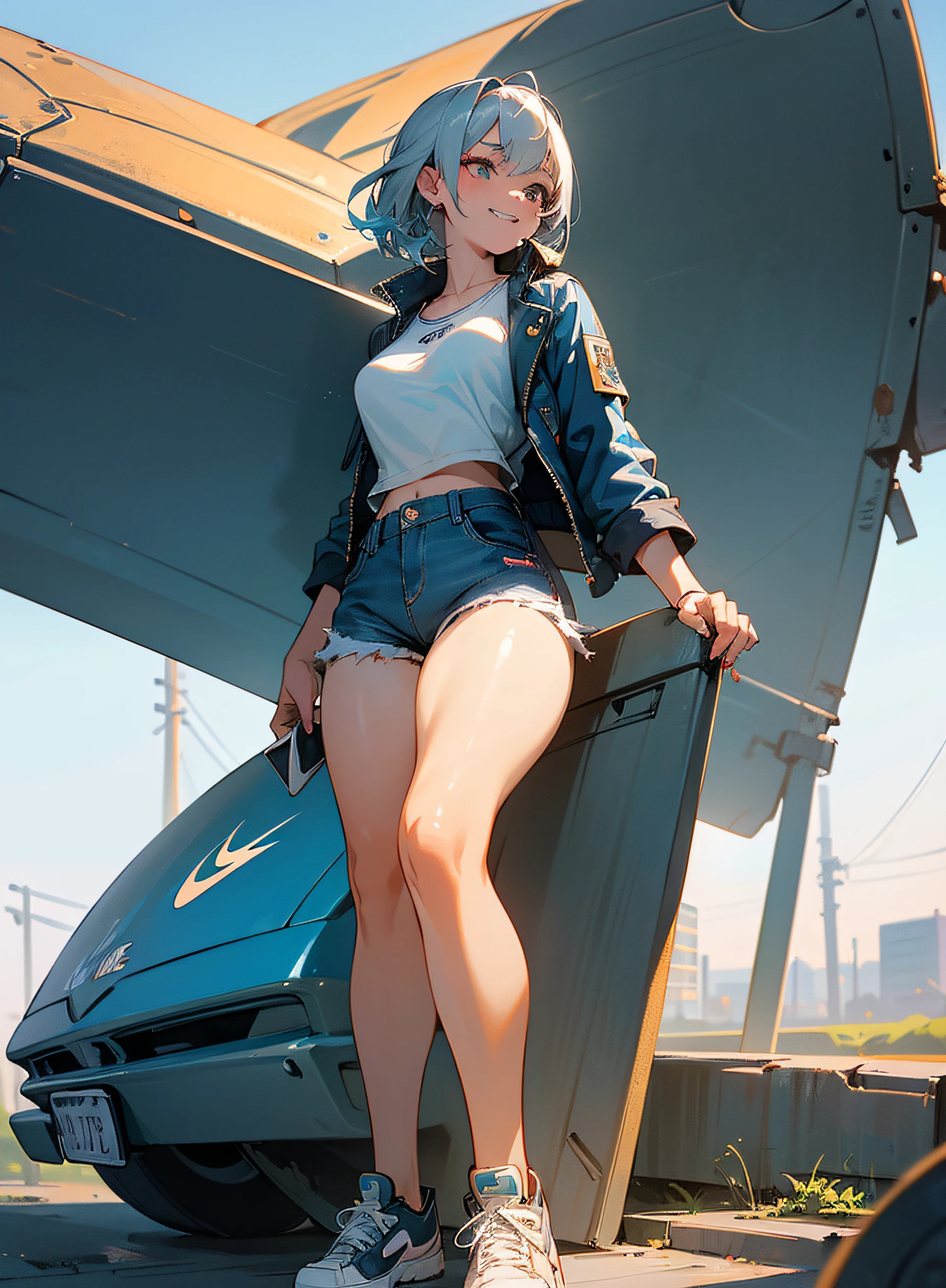 A beautiful girl in denim shorts, Nike sneakers, blue bubble jacket, white shirt with low neckline, medium breasts, thick thighs, devilish smile, gray hair, fangs, tattoos, deserted street on top of an old car, poles and wires, full body , (ultra-realistic), {extremely detailed CG unit 8k wallpaper}, Expansive landscape photography, (a view from below that shows the immensity, expansive open field view), (low-angle shot), (light: 1.0 ), (warm light source: 1.2), complex details, (Iridescent colors: 1.2), (bright lighting), (atmospheric lighting), dreamy, style, (solo: 1.2)