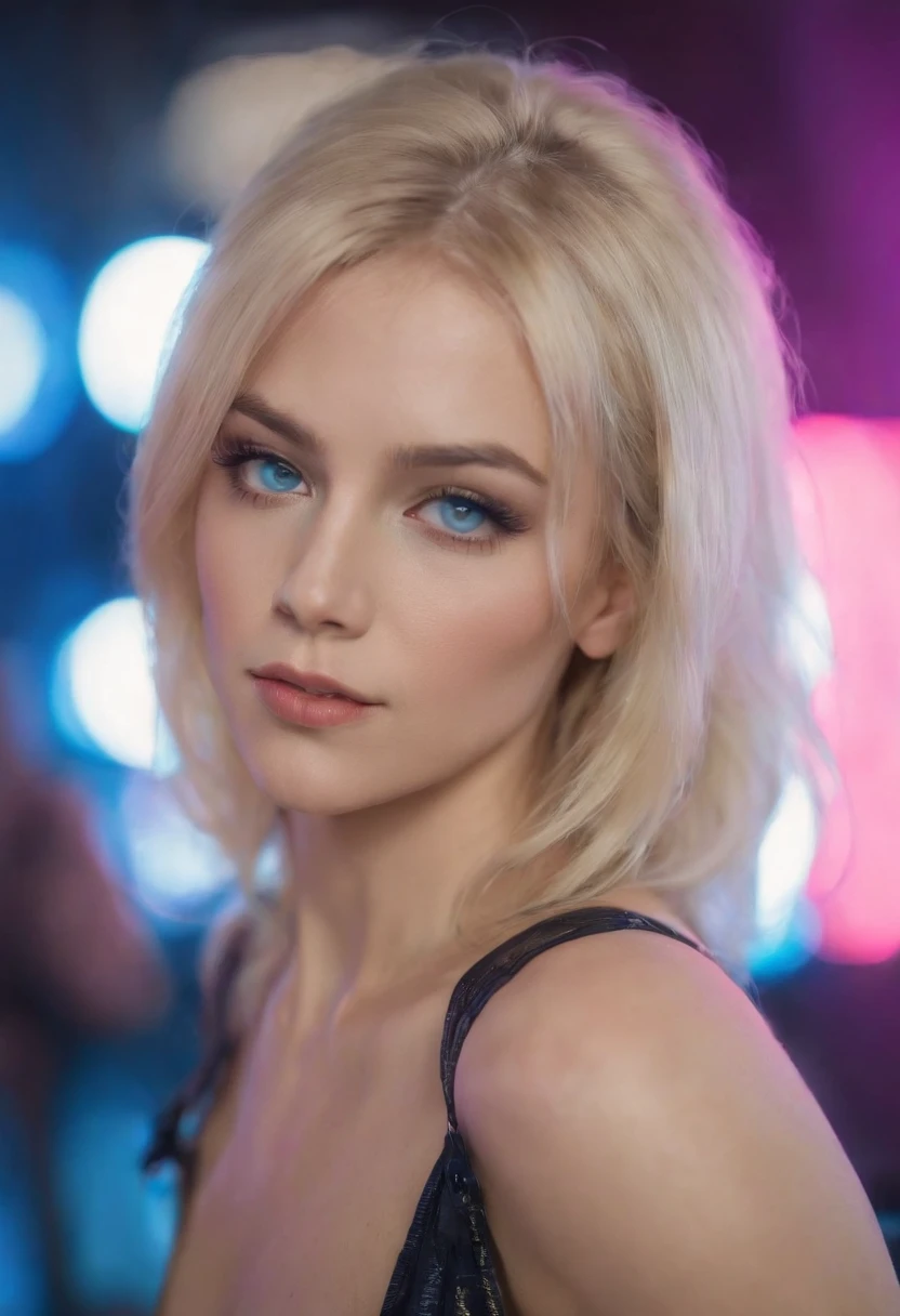 frau, Realistischer Charakter，frisiertes blondes Haar, blaue Augen, Anime big, allein, modern, Cyberpunk, in der disco